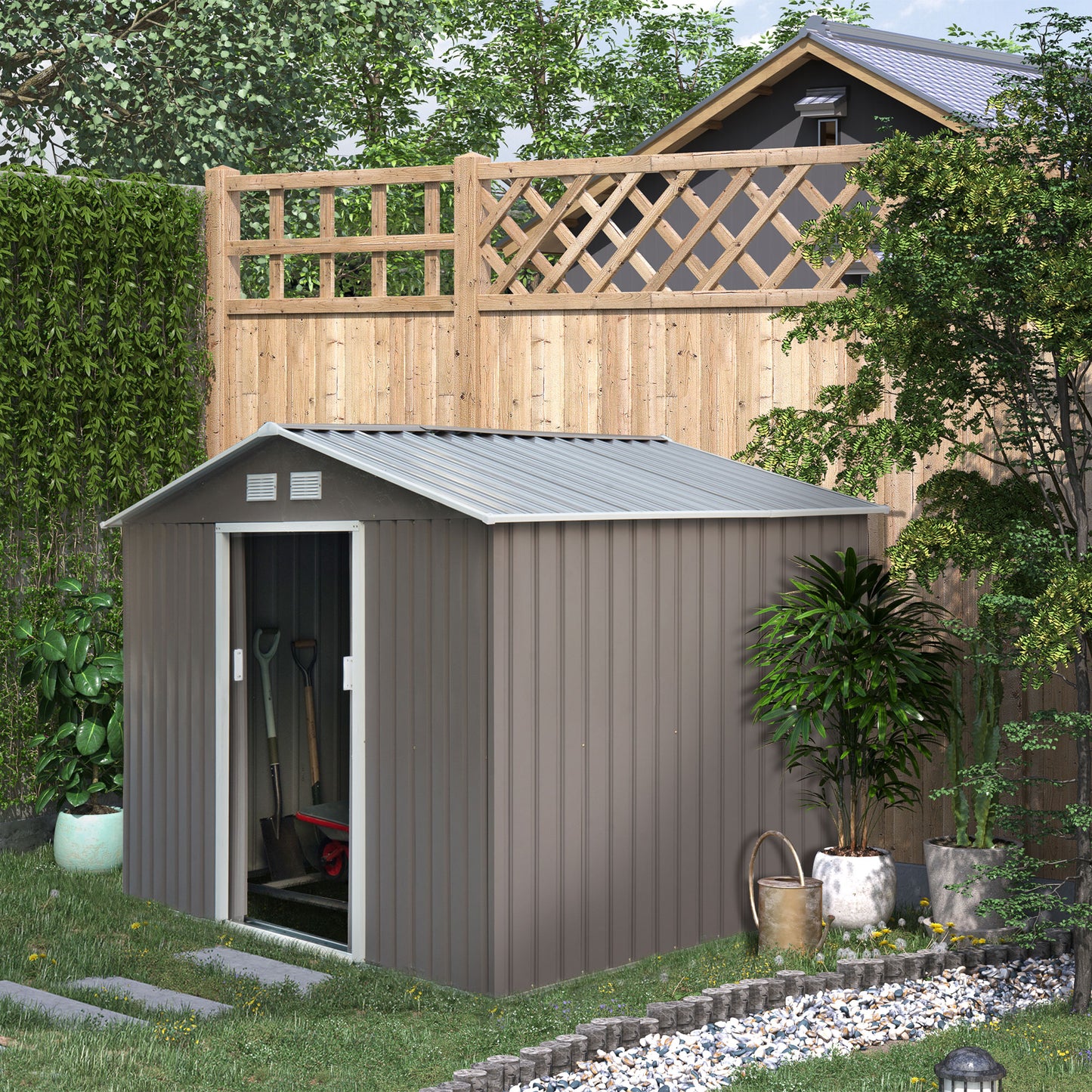 Outsunny 9 x 6FT Outdoor Garden Roofed Metal Storage Shed Tool Box z wentylacją fundamentową i drzwiami Jasny, szary