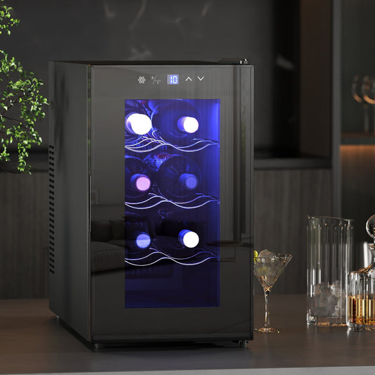 HOMCOM Mini Table Top Wine Fridge, 8 Bottle, 17L, 8-18℃, 26.5cm Quiet Under Counter Wine Cooler Fridge with Glass Door, LED Light, Digital Touch Screen, Temperature Control
