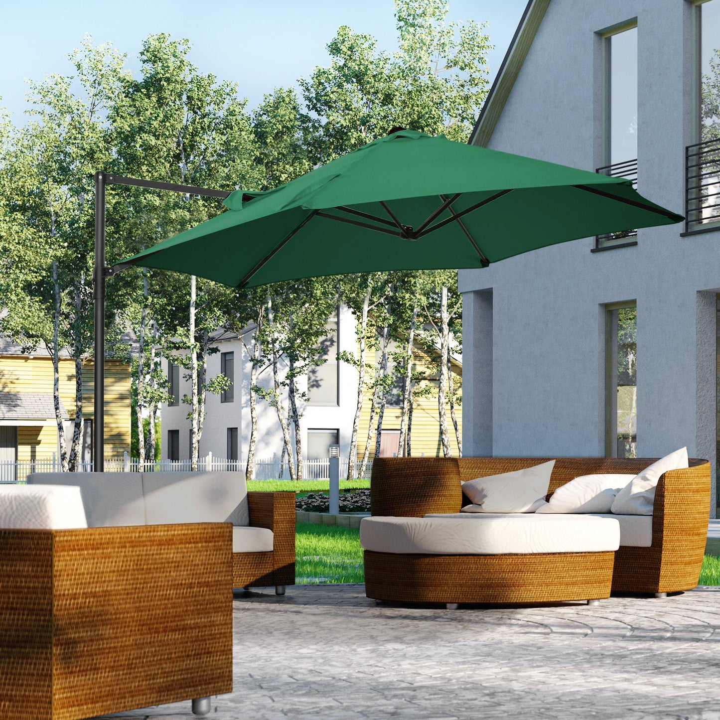 Outsunny 2.5M Garden Cantilever Parasol with 360¡ Rotation, Offset Roma Patio Umbrella Hanging Sun Shade Canopy Shelter with Cross Base, Green
