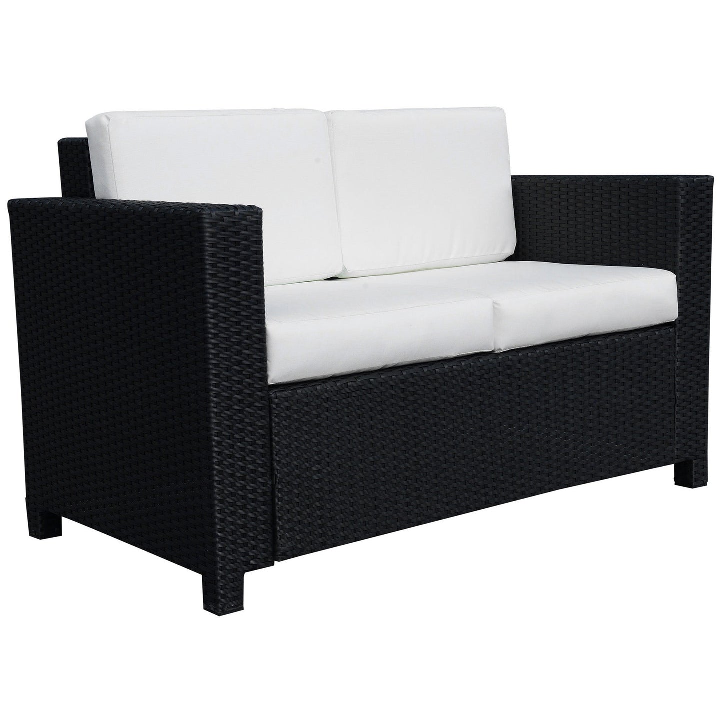 Sofa rattanowa Outsunny, 2-osobowa ogrodowa z miękką wyściółką i podłokietnikami, wiklinowa ogrodowa sofa dwuosobowa na patio, czarna
