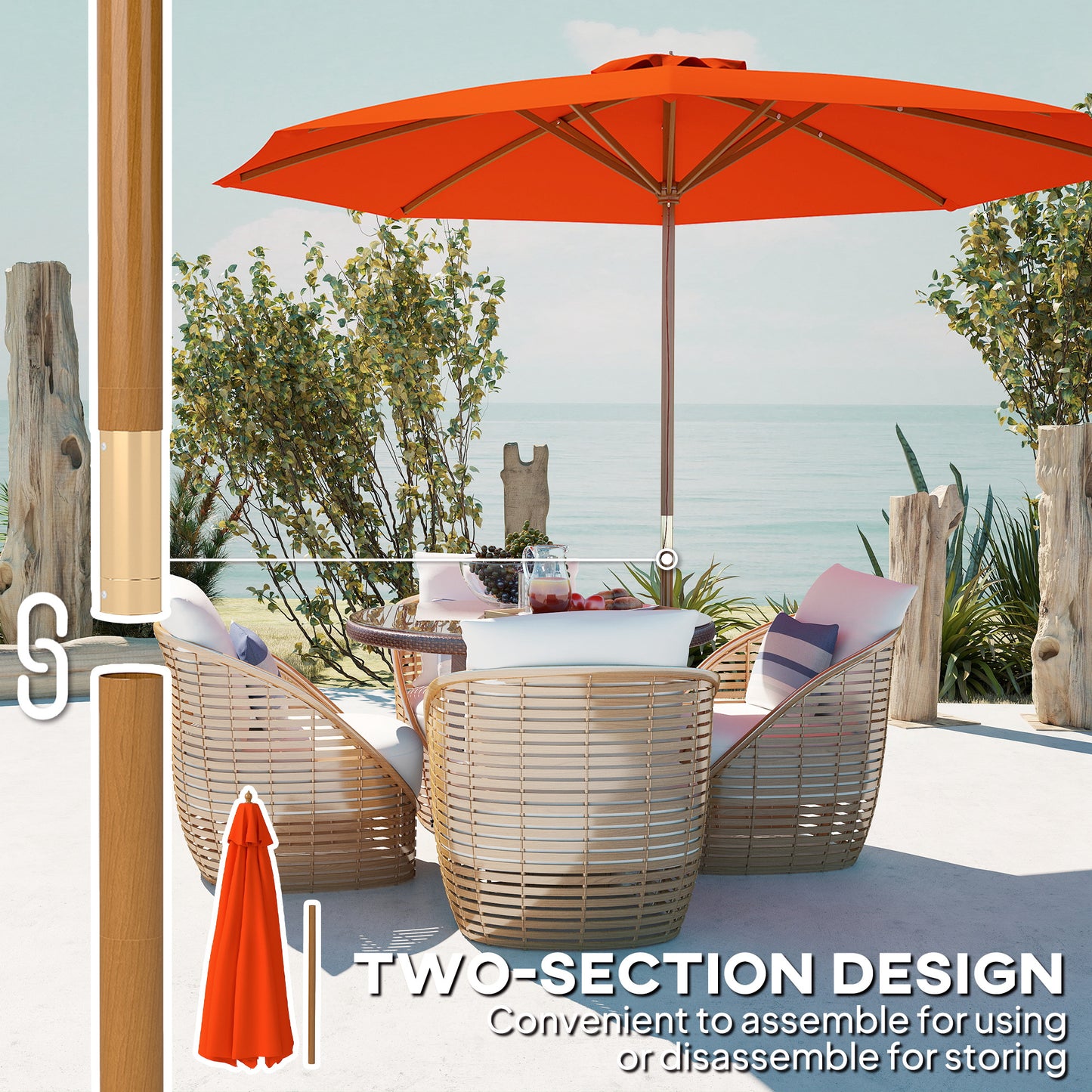 Outsunny 3m Wood Pole Parasol Umbrella - Orange
