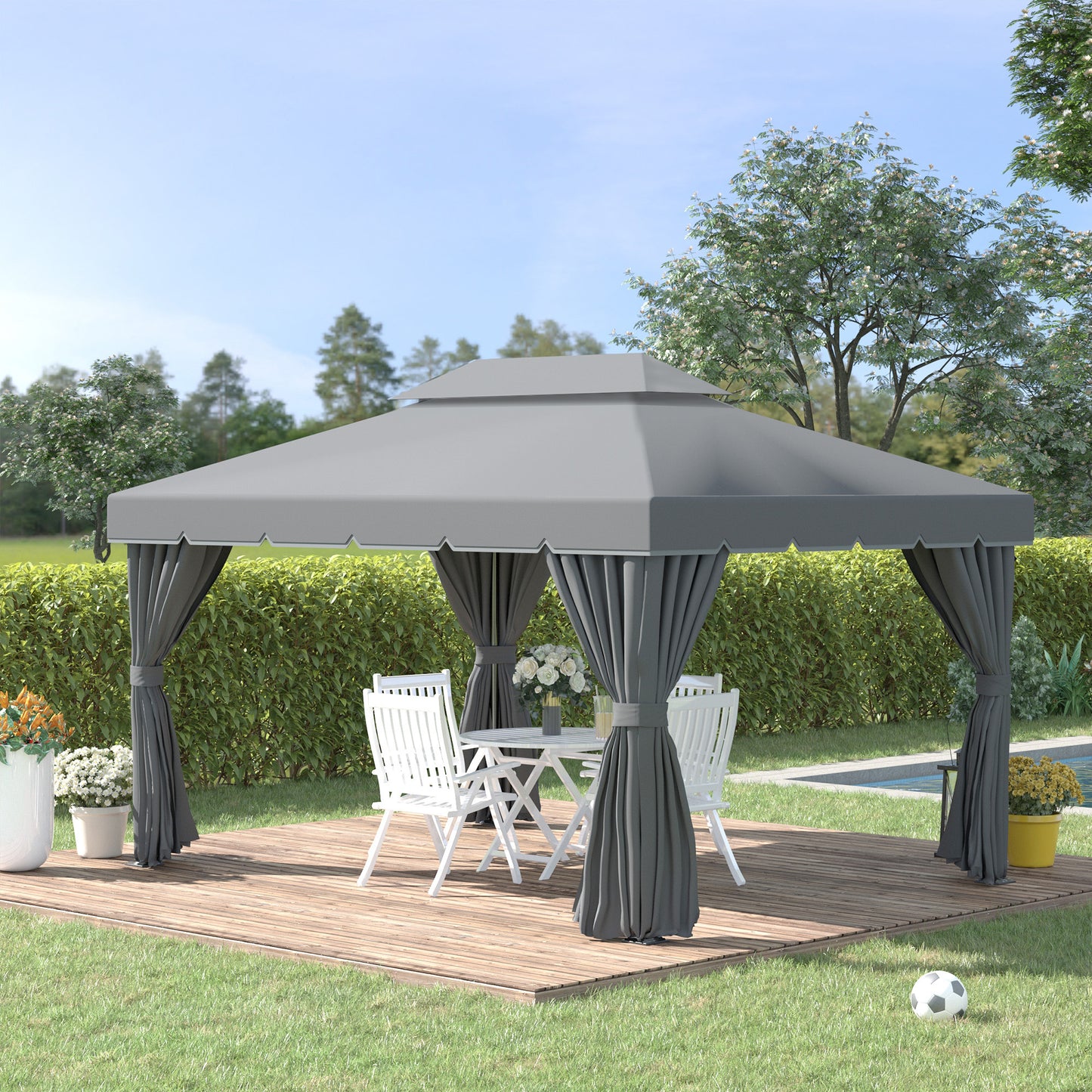 Altana ogrodowa Outsunny 3 x 4 m z aluminium, zadaszenie, namiot imprezowy z siatkami i zasłonami do ogrodu i na taras, ciemnoszary