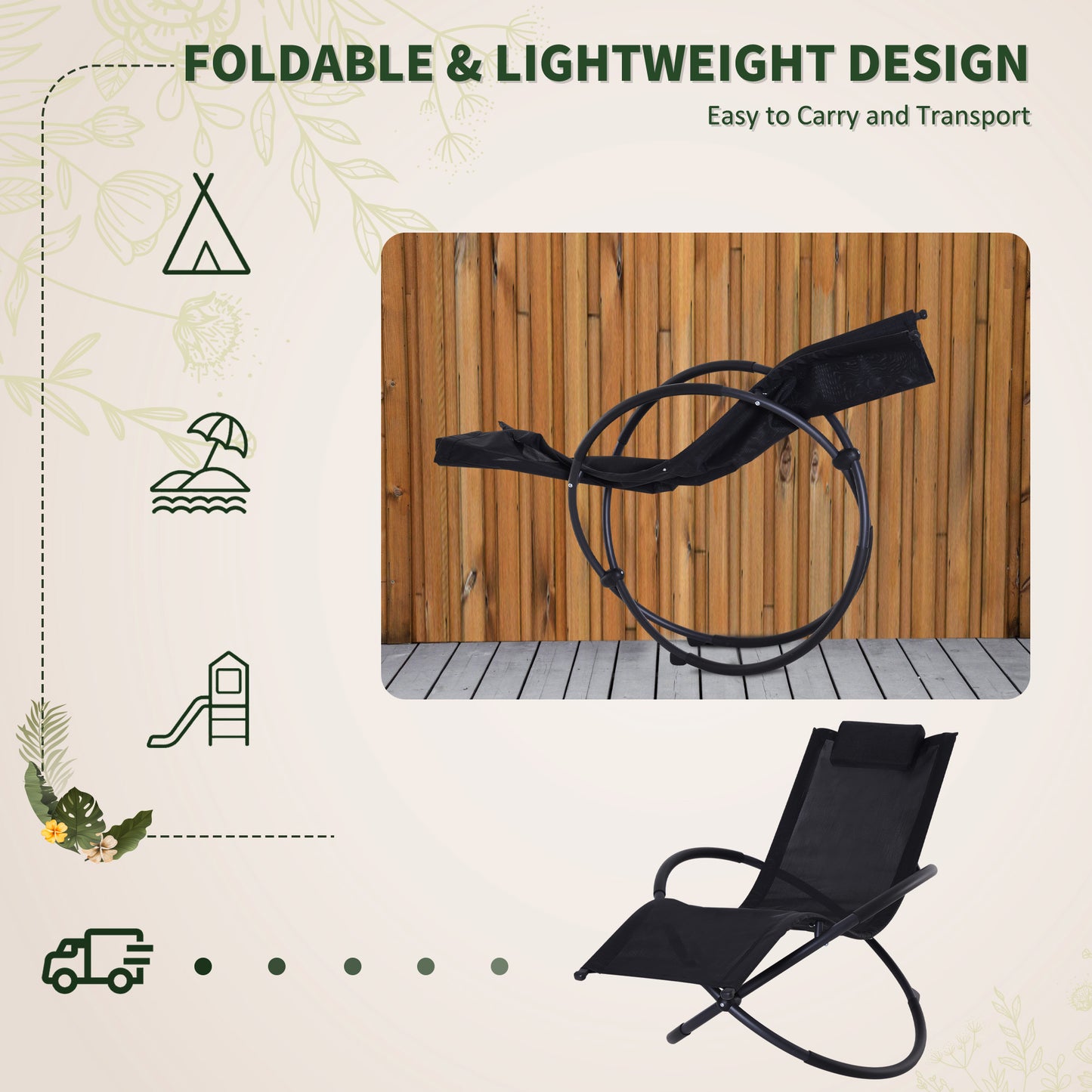 Outsunny Outdoor Orbital Lounger Zero Gravity Patio Chaise składany fotel bujany z poduszką czarny