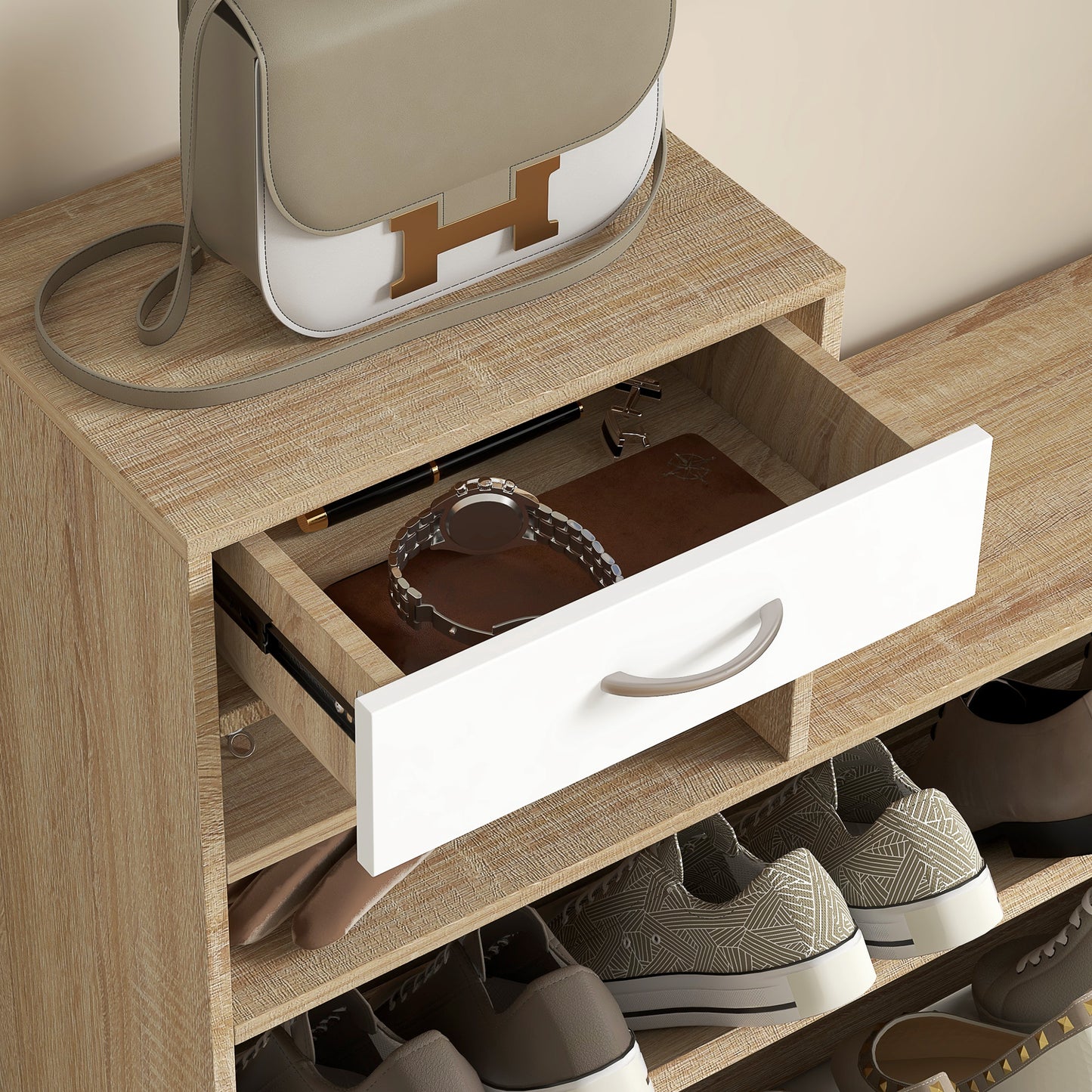 HOMCOM Three-in-One Hallway Storage Set - Natural Wood Finish/White