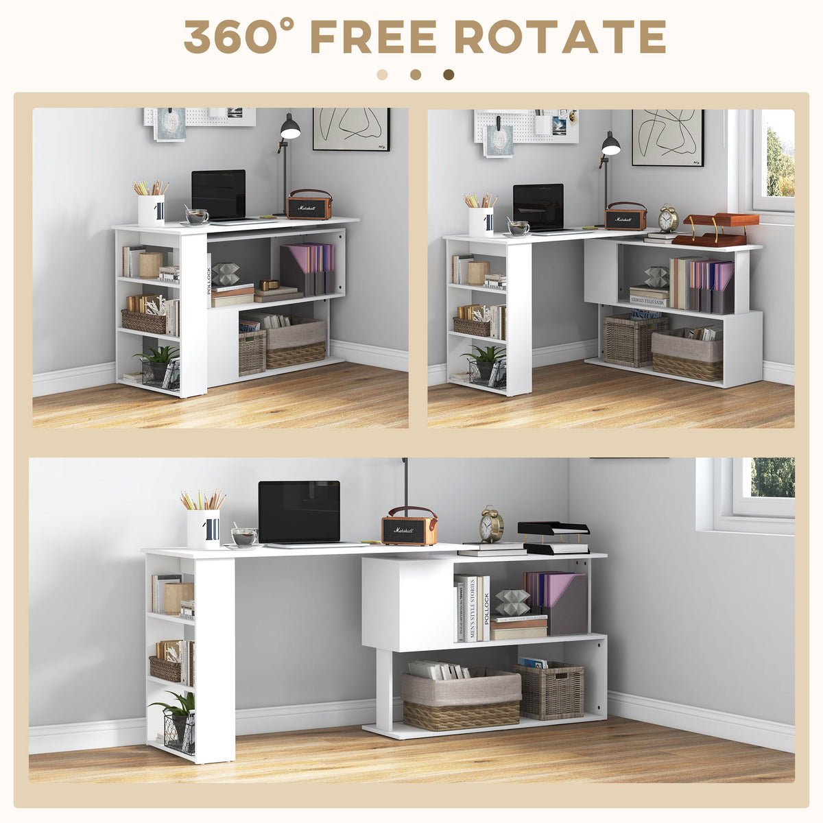 HOMCOM Corner Computer Desk, L Shaped Desk with 360° Rotating Bookshelf, 120W x 110D x 74.5H cm, White