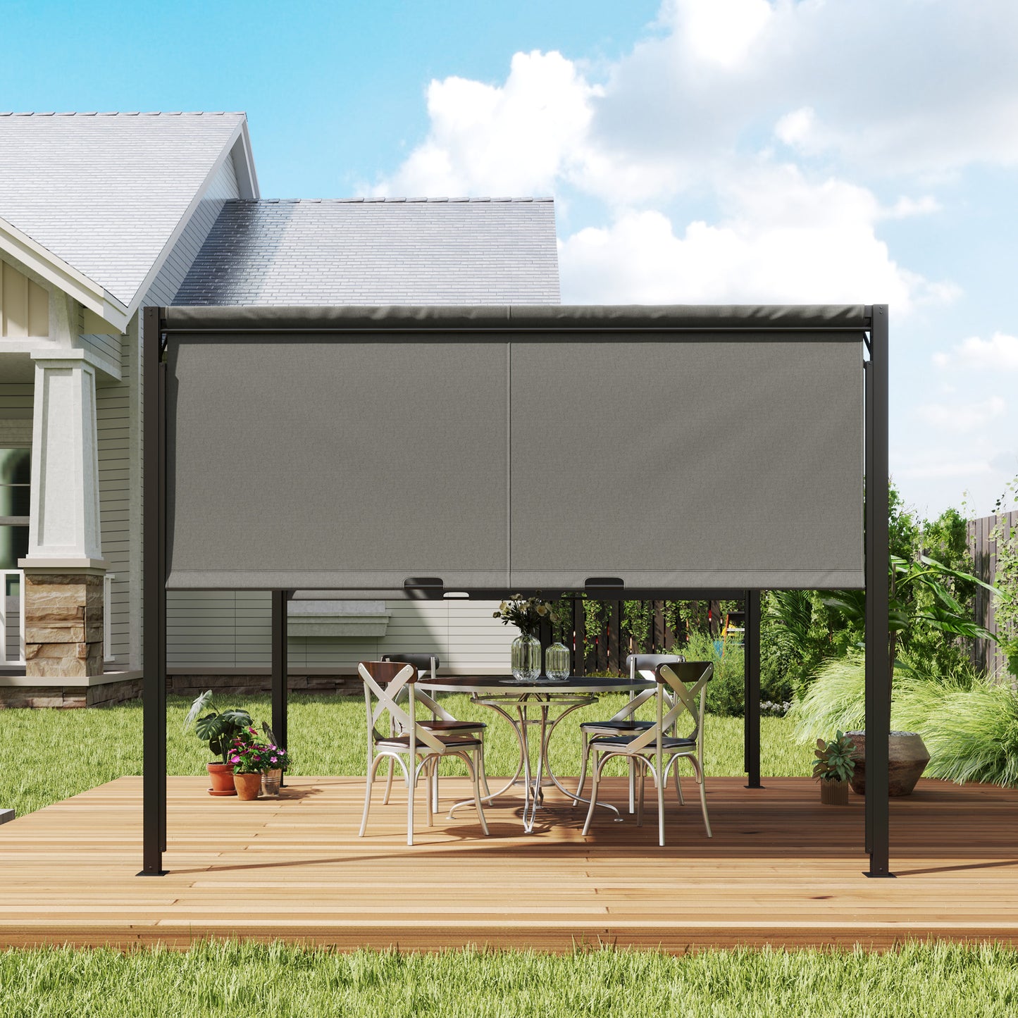 Outsunny 3 X 3 metry pergola z rozsuwanym dachem, altana ogrodowa z regulowanym daszkiem przeciwsłonecznym i stalową ramą, antracyt