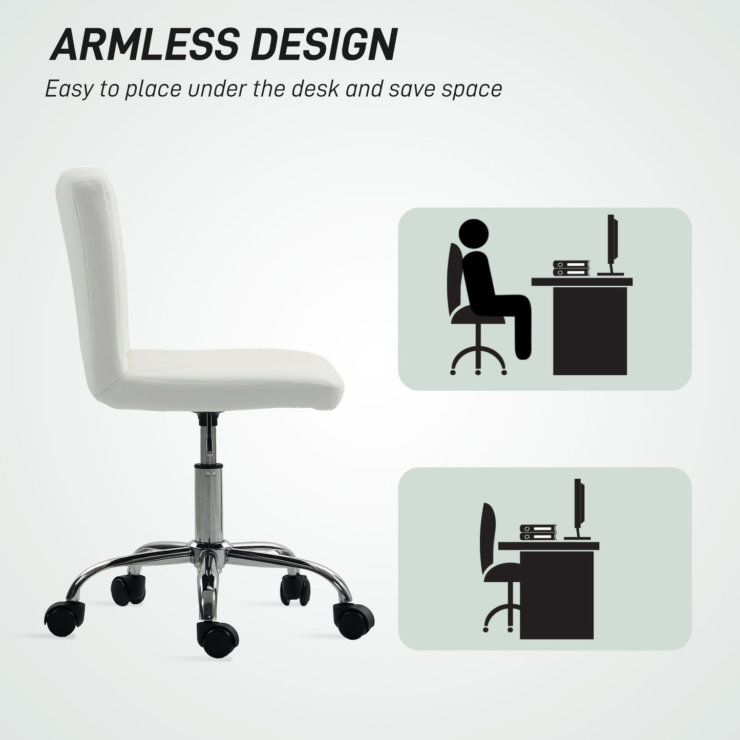 HOMCOM PU Leather Armless Office Chair, Modern Vanity Computer Swivel Chair with Rolling Wheels and Adjustable Height for Home Study, Bedroom, White