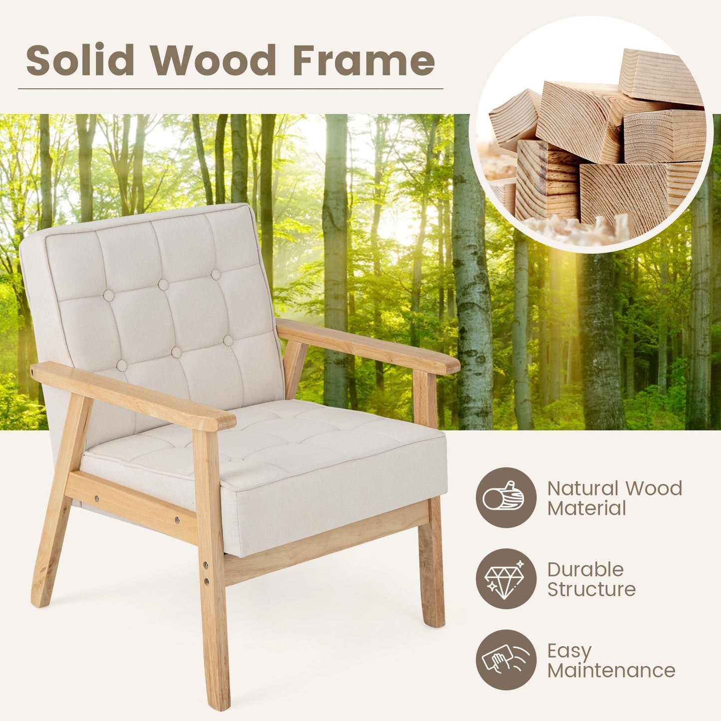 Modern Accent Chair with Rubber Wood Armrests -Beige