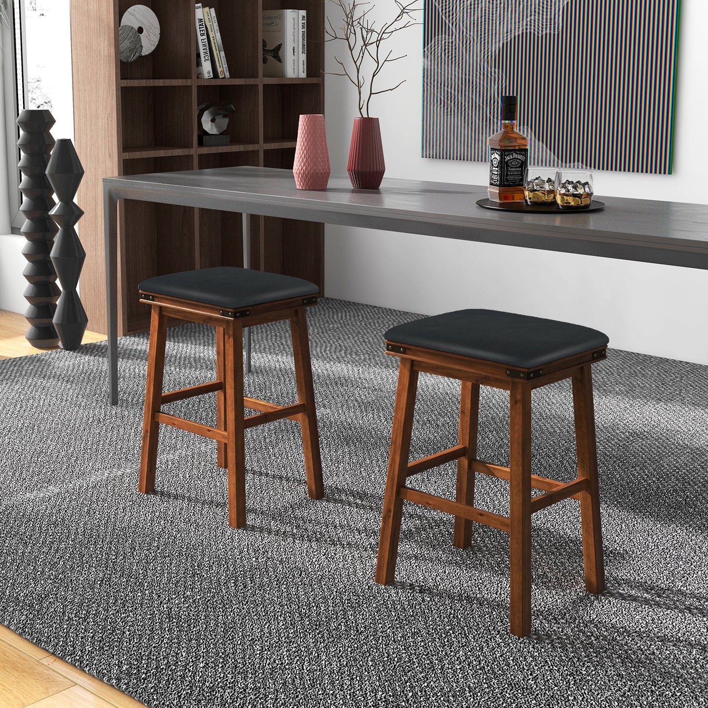 Set of 2 Upholstered Bar Stool 76cm Backless Height Bar with Footrest-Brown
