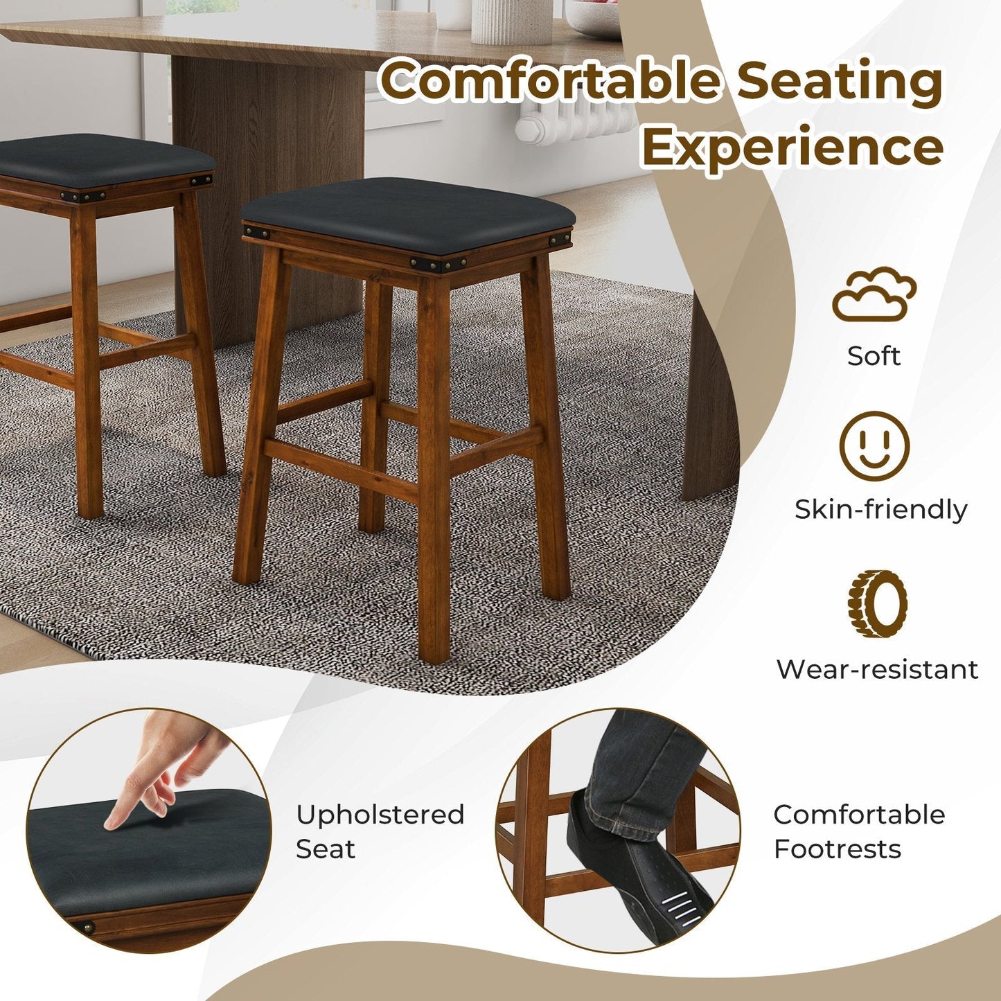 Set of 2 Upholstered Bar Stool 76cm Backless Height Bar with Footrest-Brown