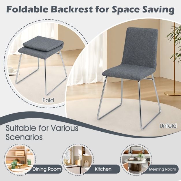 Set of 2 dining chairs with folding backrest & metal frame upholstered kitchen chair