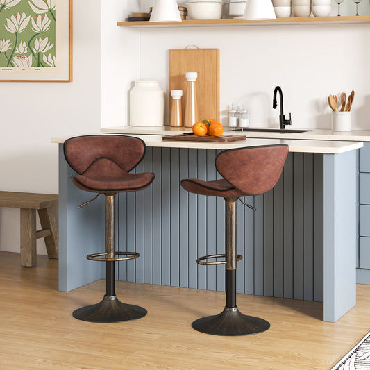 Upholstered Height-adjustable Bar Stools Set of 2 with Backrest and Metal Frame-Rustic Brown