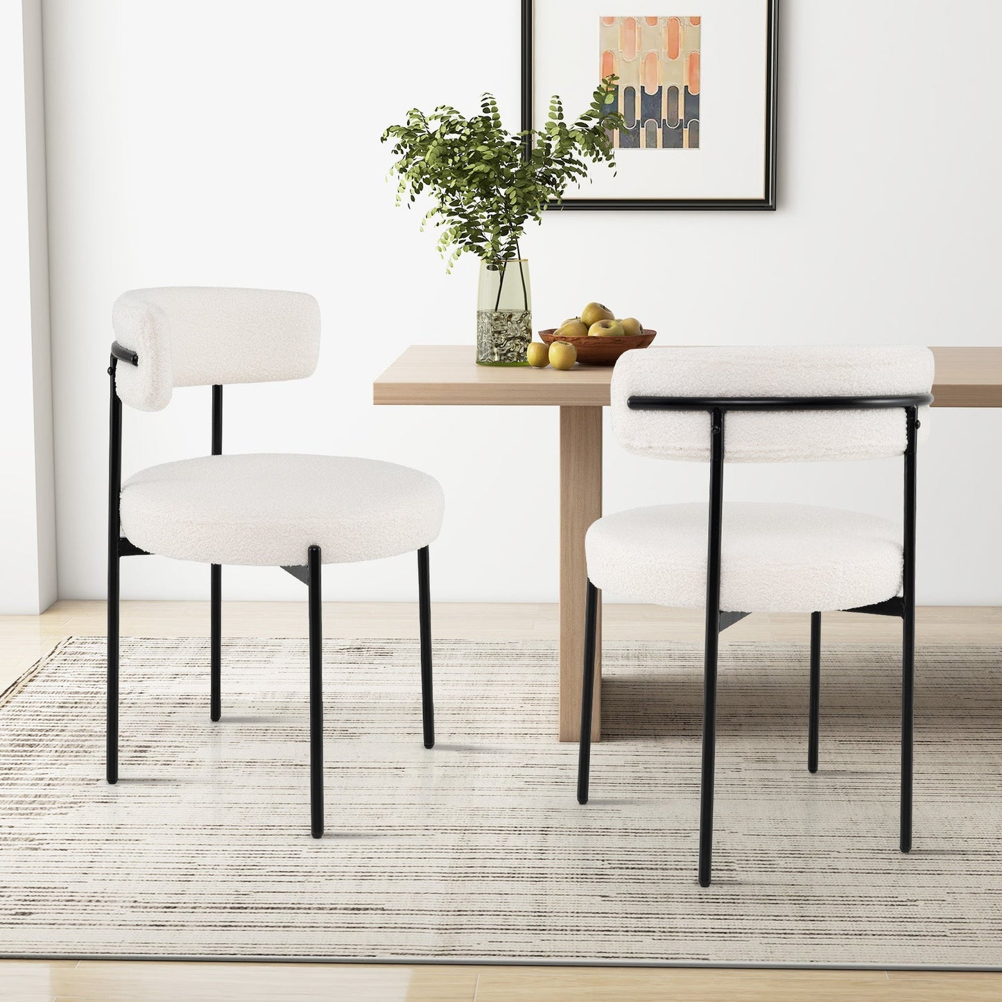 Round Sherpa Upholstered Kitchen Armless Chairs with Curved Backrest Set of 4-Beige
