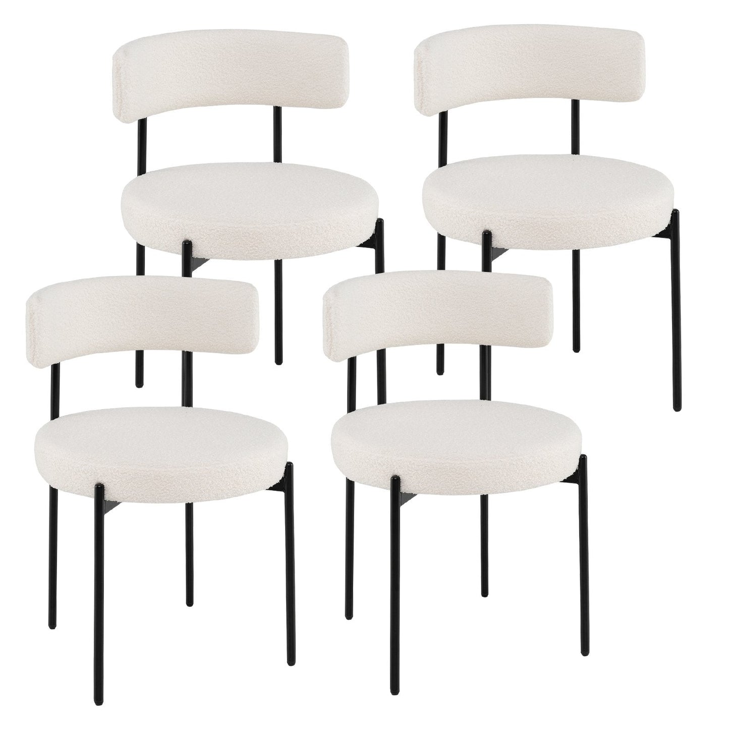 Round Sherpa Upholstered Kitchen Armless Chairs with Curved Backrest Set of 4-Beige