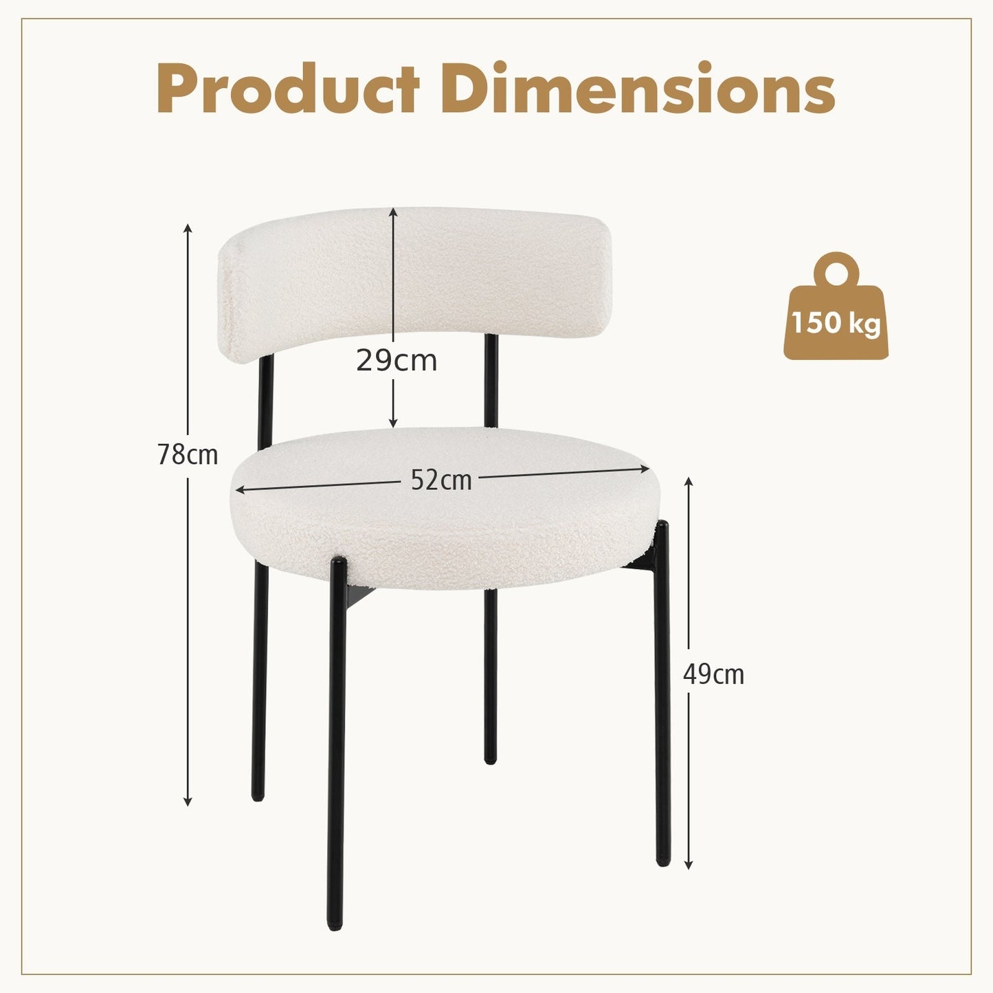 Round Sherpa Upholstered Kitchen Armless Chairs with Curved Backrest Set of 4-Beige