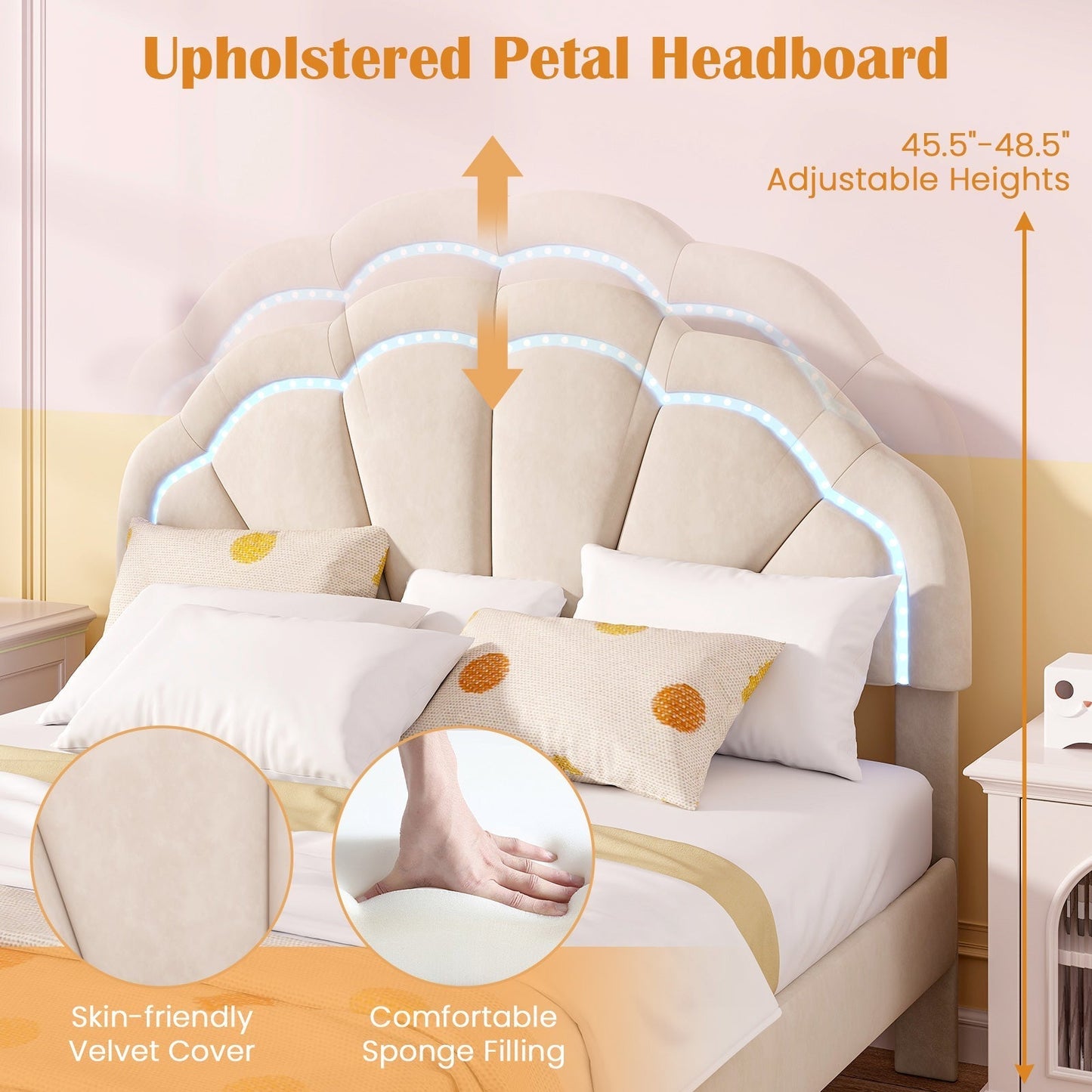 Upholstered LED Bed Frame with Adjustable Flower Headboard and Metal Support Feet-Full Size