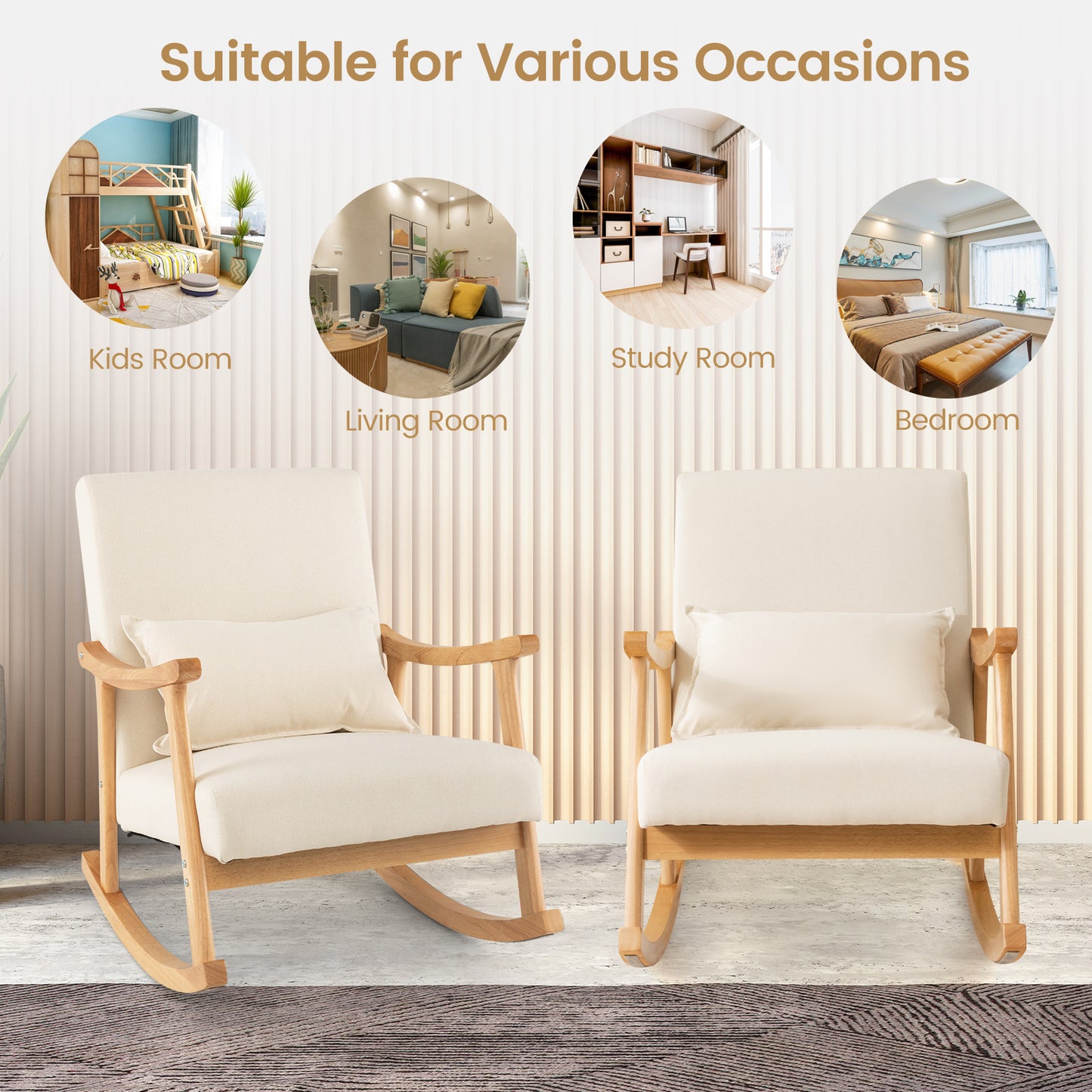 Upholstered Rocking Chair Modern Rocker with Rubber Wood Frame-Beige