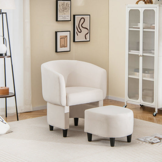 Upholstered Velvet Barrel Chair Modern Club Chair with Ottoman-Beige