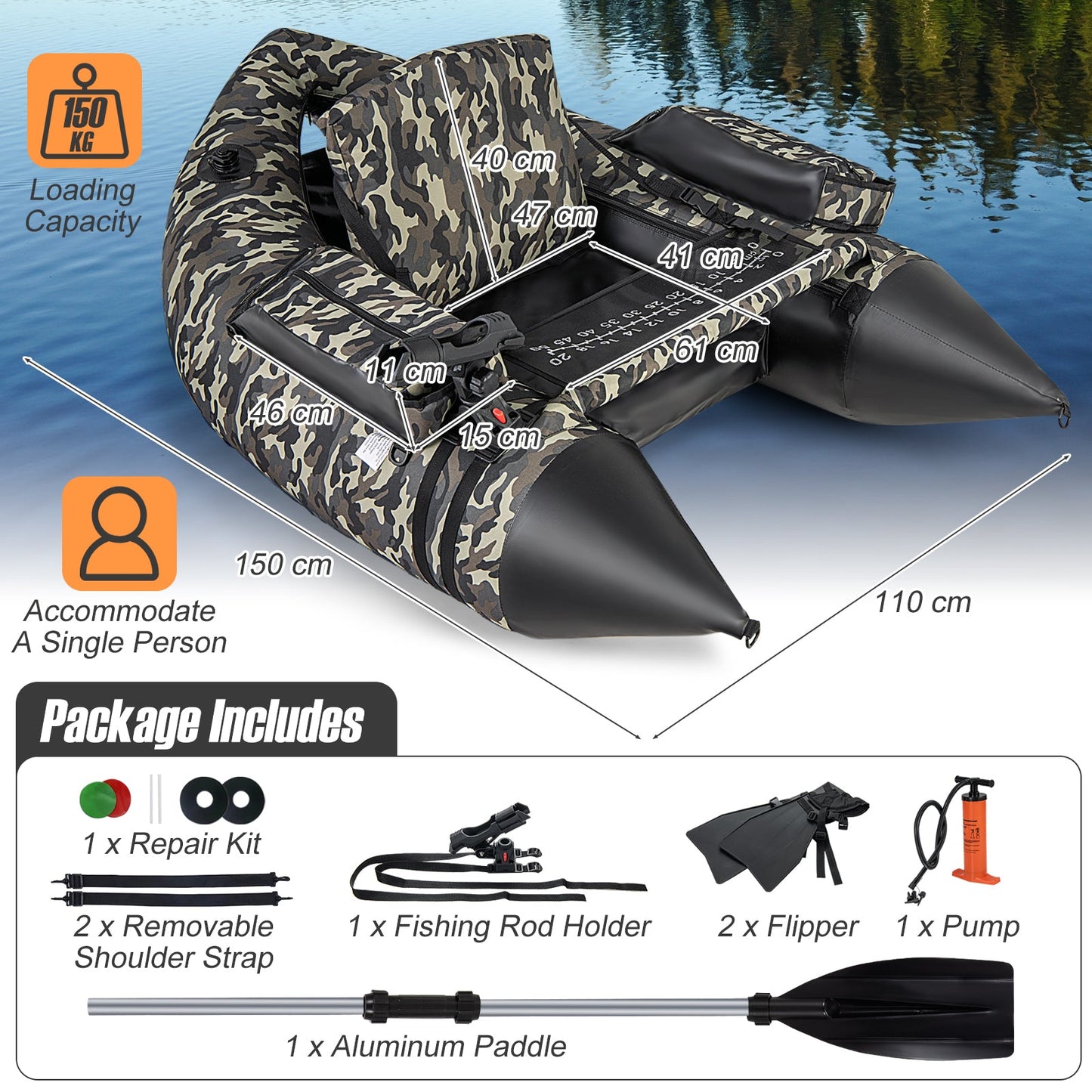 V-Shaped Fishing Float Tube with Rod Holder-Camouflage