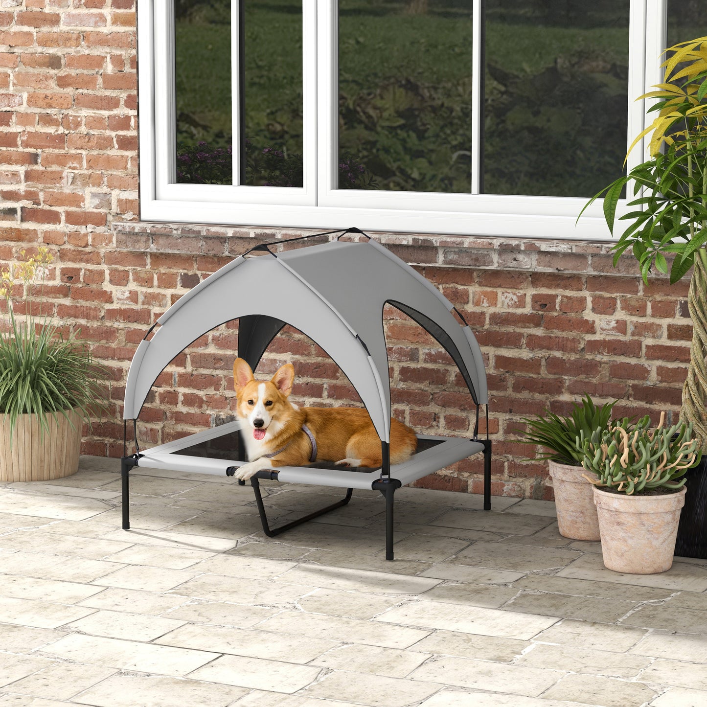 Podwyższone legowisko dla zwierząt PawHut Cooling z oddychającą, zmywalną siateczką, dla średnich i dużych psów, 91 x 76 x 89 cm – jasnoszare