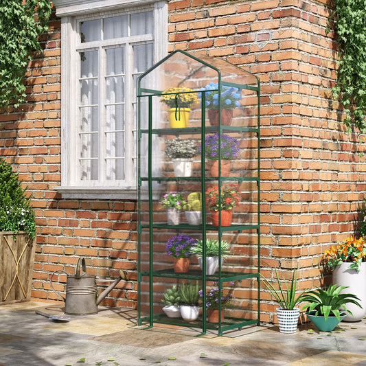 Outsunny 5 Tier Mini Greenhouse, Small Walk-in Greenhouse with Reinforced Plastic Cover, Garden Grow House with Roll Up Door and Shelves, 69 x 49 x 193cm, Green