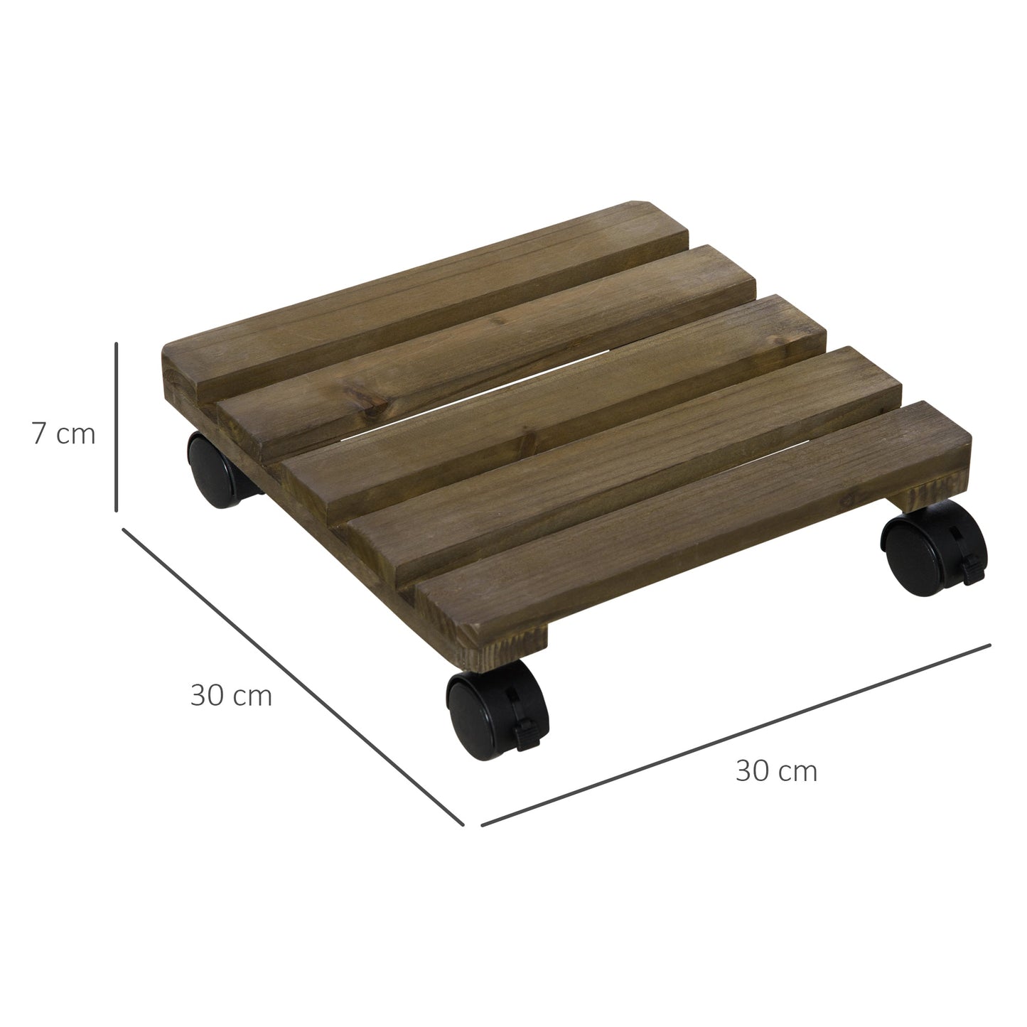 Outsunny 2 Pack Plant Caddy with Wheels, 30 cm Square Wooden Plant Pot Trolley, Pot Caddy for Outdoor Patios, Decks and Indoors, Dark Brown