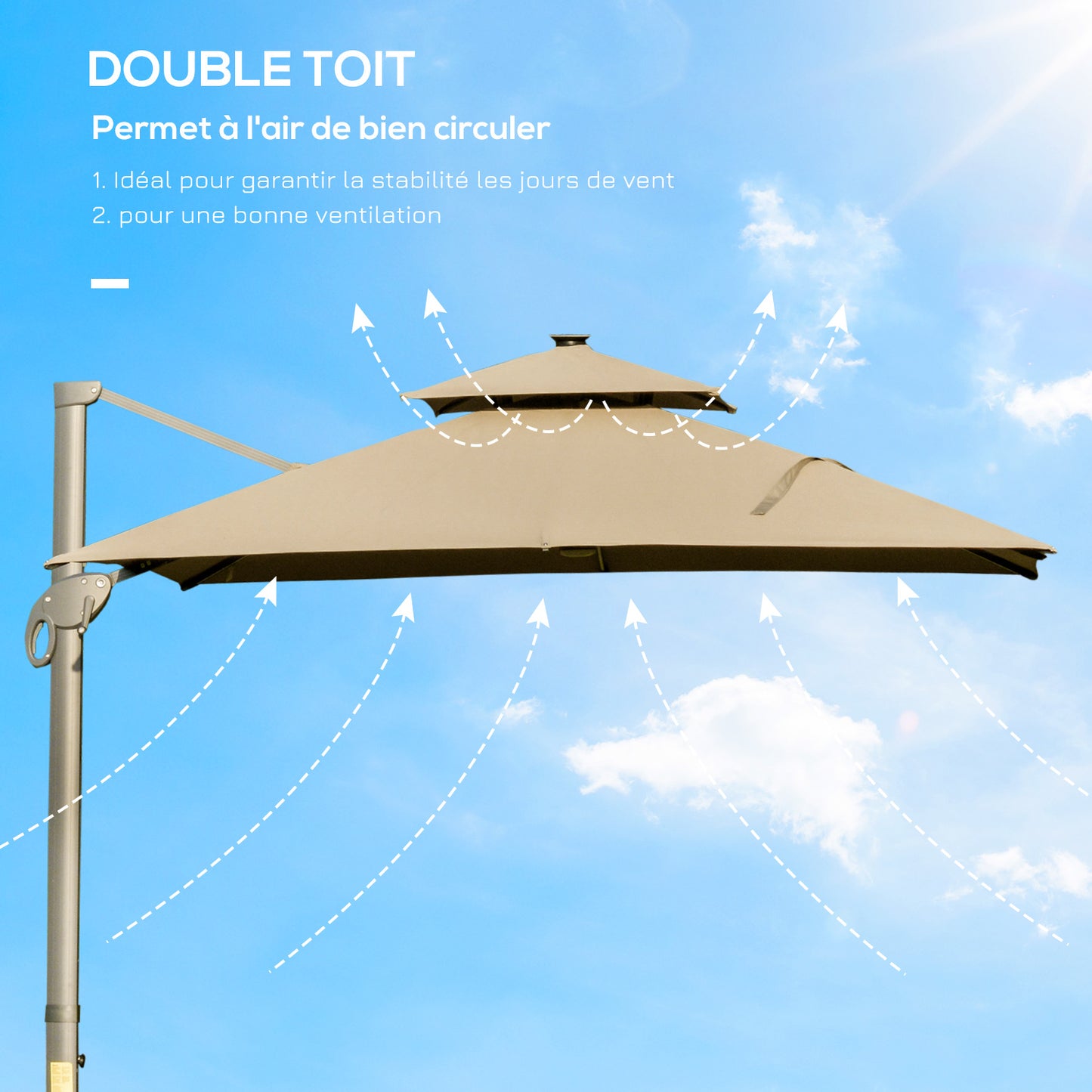 Outsunny 3 x 3(m) Aluminiowy kwadratowy daszek przeciwsłoneczny z regulowanym kątem nachylenia słupka Khaki