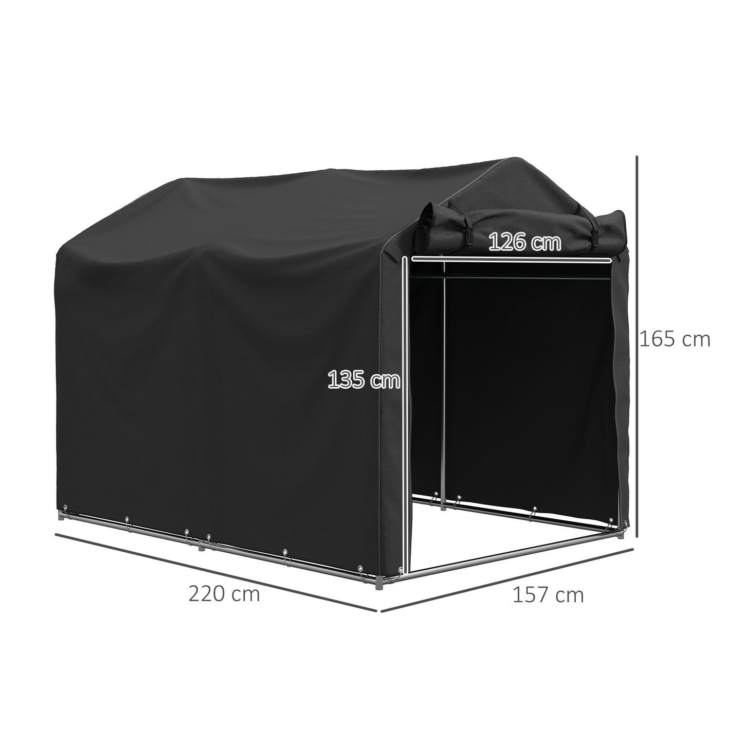 Outsunny 2,2 x 1,6 m Namiot ogrodowy, wodoodporny, anty-UV, z rolowanymi drzwiami na zamek błyskawiczny, ocynkowany, zewnętrzny schowek, wiata samochodowa na rower, motocykl, narzędzia ogrodowe, czarny