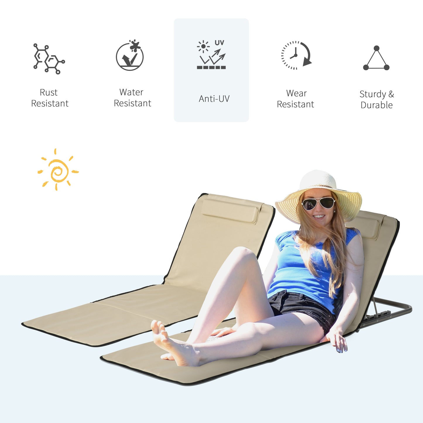 Outsunny Zestaw 2 składanych mat ogrodowych na plażę Lekkie siedziska leżaków ogrodowych Regulowane oparcie Metalowa rama Poduszka na głowę z tkaniny PE z torbą transportową, beżowy