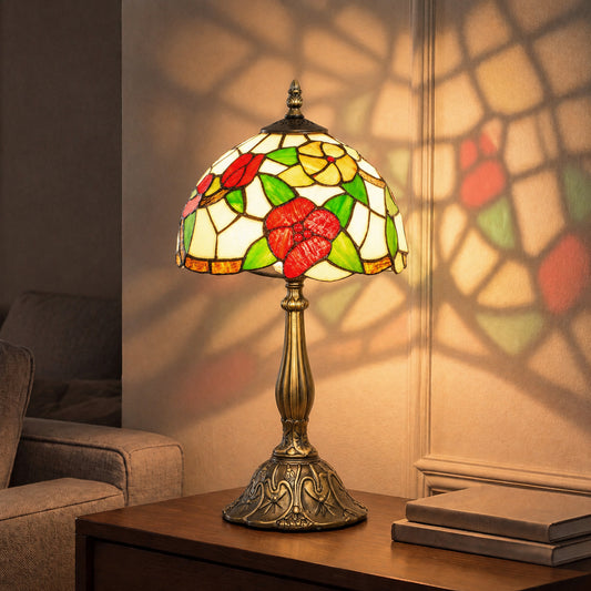 HOMCOM Tiffany Stained Glass Table Lamp, Handmade Antique Bedside Lamp for Bedroom, Living Room, Nightstand, Red Sunflower