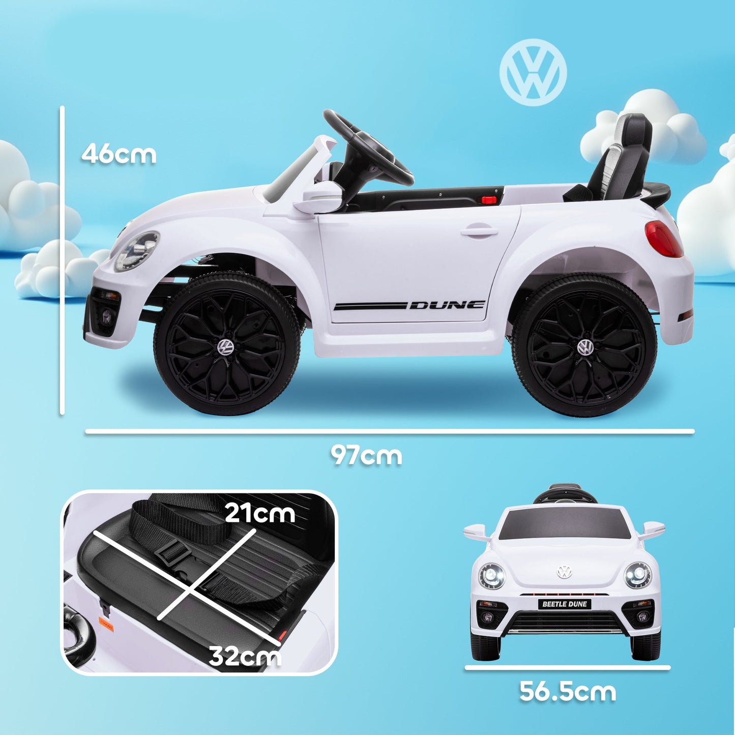 Samochód jeździk AIYAPLAY Volkswagen Beetle z licencją 12V, z pilotem, zawieszeniem kół, łagodnym rozruchem, światłami, muzyką, biały