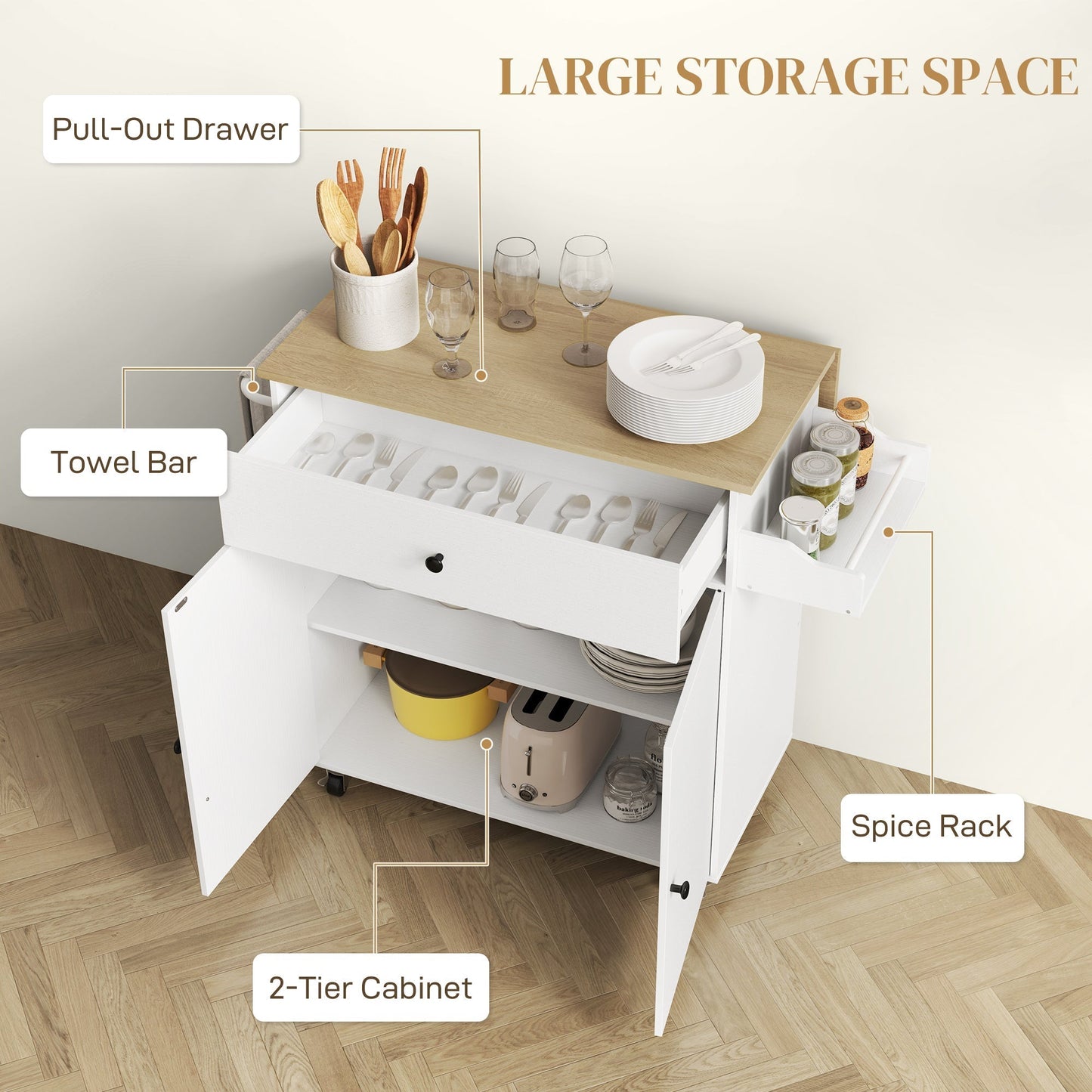 HOMCOM Rolling Kitchen Island with Drop Leaf, Kitchen Storage Cart with Drawer, Spice Rack and Towel Rack, White
