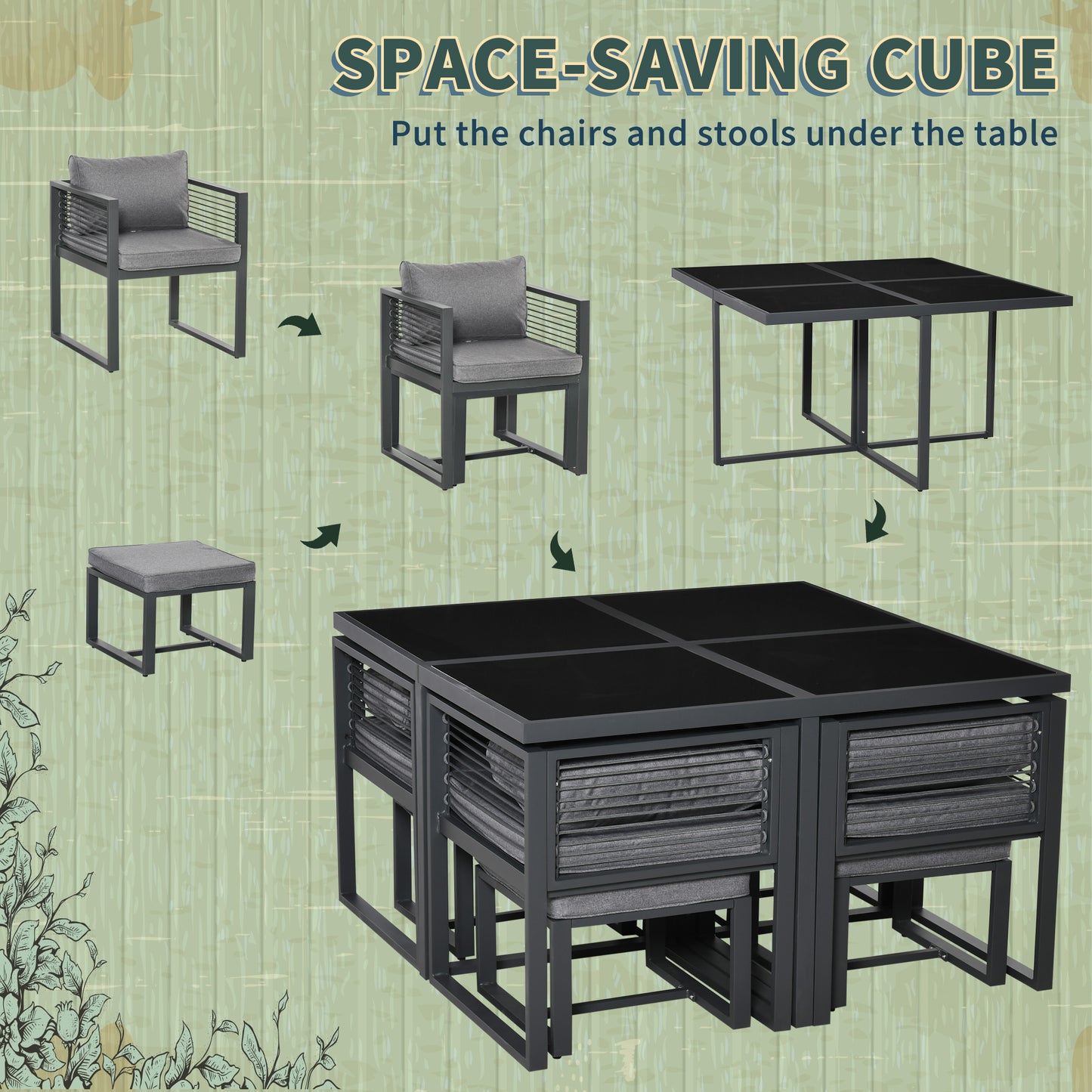 Outsunny Nine-Piece Aluminium Garden Set, with Glass-Top Table - Grey