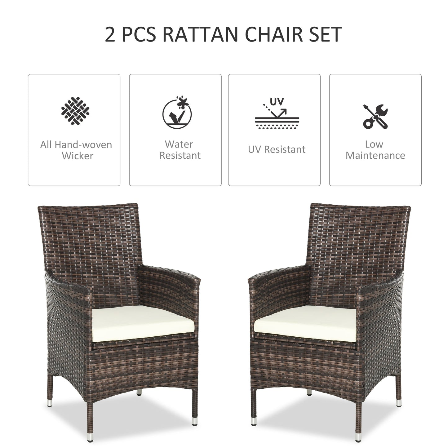 Outsunny 2 PC Outdoor Rattan Armchair Dining Chair Garden Patio Furniture w/ Armrests Cushions Mixed Brown