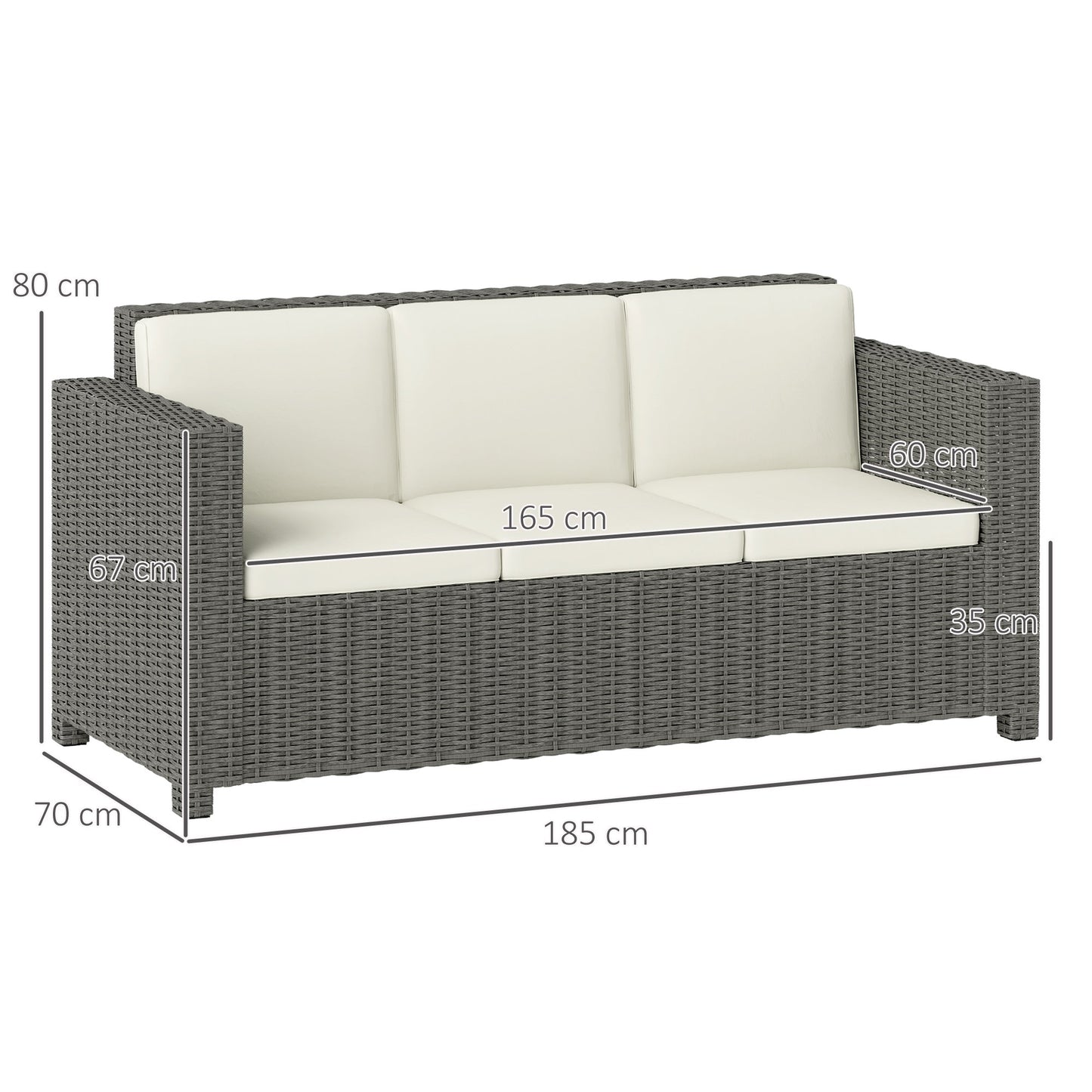 Outsunny 3-osobowa sofa rattanowa z metalową ramą, odporna na warunki atmosferyczne, pleciona z wikliny, z ognioodporną poduszką, kremowa