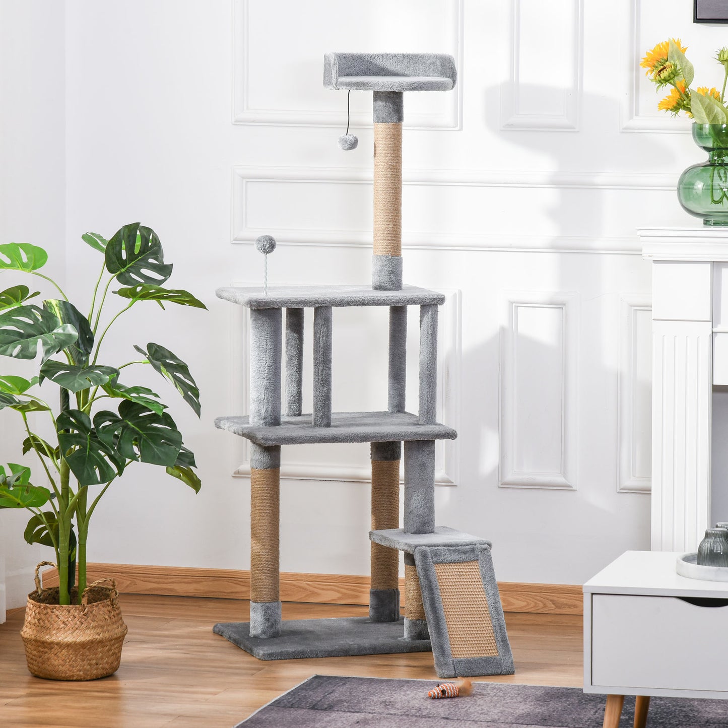 Drapak dla kota PawHut, 142 cm, wspinaczkowy, centrum aktywności dla kociąt, z jutowym słupkiem do drapania, przestronnym mieszkaniem, zdejmowaną, filcową zabawką wiszącą, szary