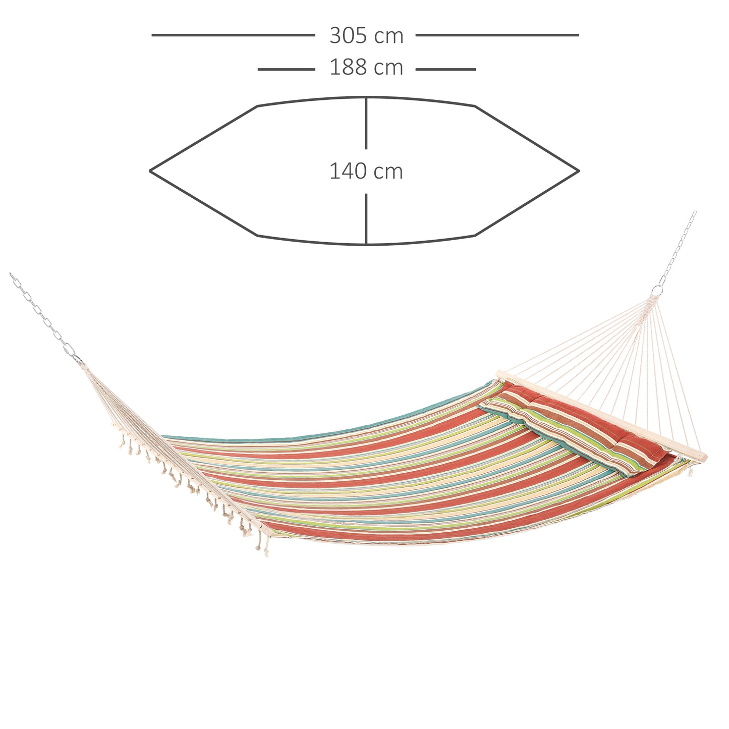 Huśtawka wisząca Outsunny Double Cotton Hammock Camping Swing Outdoor Garden Beach Stripe z poduszką, 188 x 140 cm, udźwig 180 kg, kolor czerwony