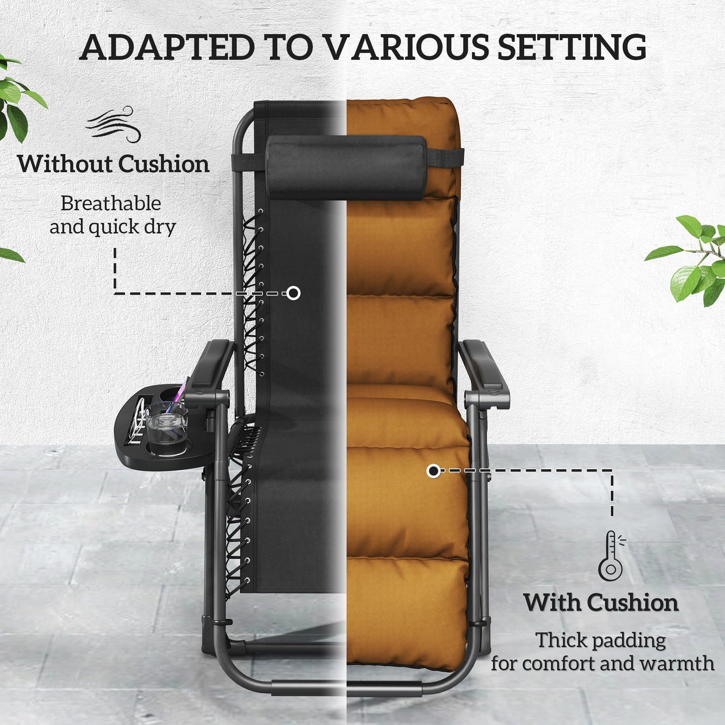 Outsunny Set of Two Reclining Sun Loungers, with Cushion - Brown