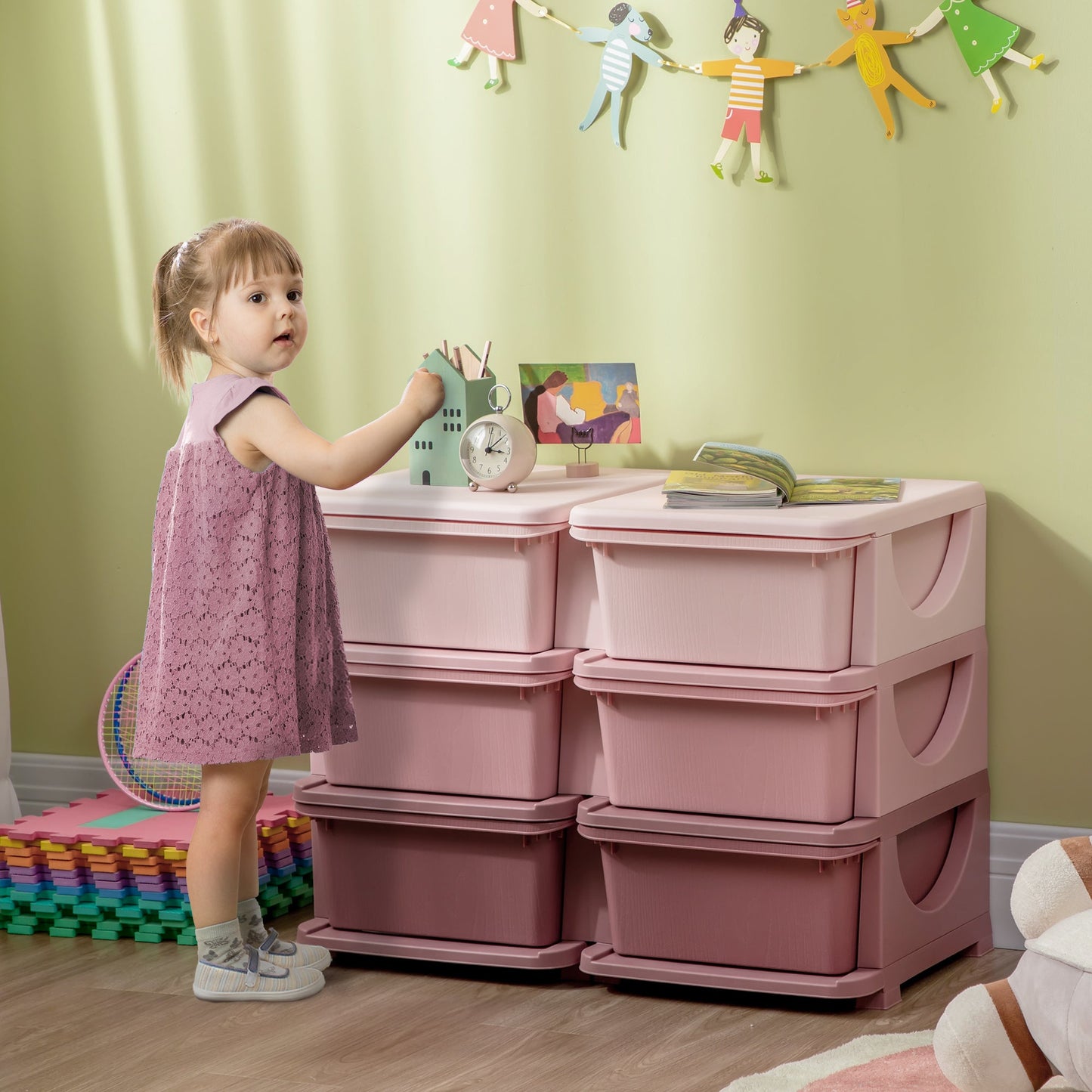 HOMCOM Kids Storage Unit, z sześcioma szufladami - różowy