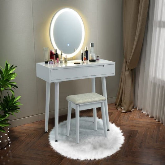 Vanity Table Set with Surrounded LED Tape Lights-White