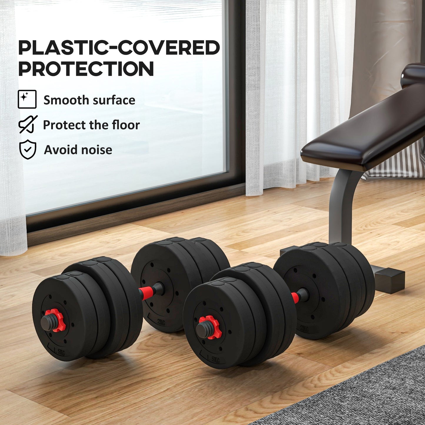 HOMCOM 30kg 2 W 1 Regulowany Zestaw Hantel, Hantle Ręczne Sztanga do Fitnessu Ciała, Trening Podnoszenia dla Domu, Biura, Siłowni, Czarny