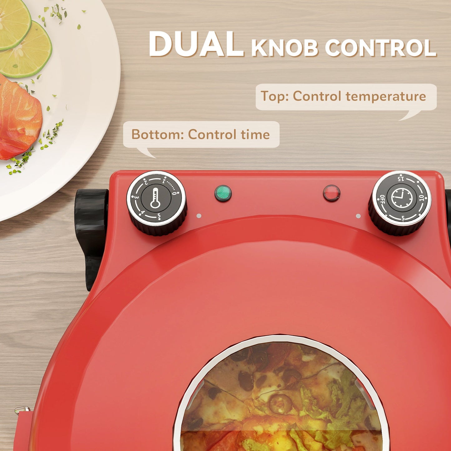 HOMCOM 1200W Pizza Oven, 12 Inch Electric Pizza Maker with Viewing Window, Dual Knob Temp & Timer Control, Overheat Protection, Red