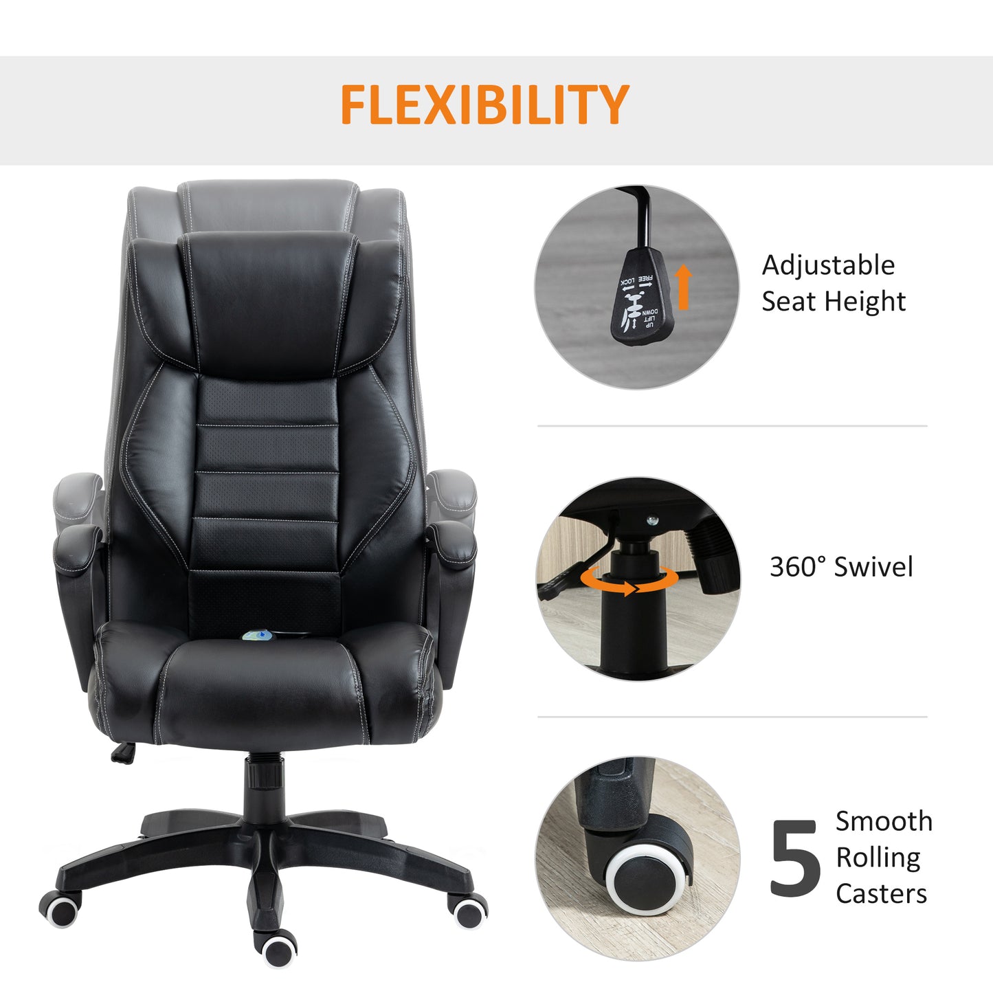 Vinsetto Office Chair with 6-Point Maaage and Back Heat, PU Desk Chair with Padded Seat and Armrest, Computer Chair with Tilt Function for Home, Black