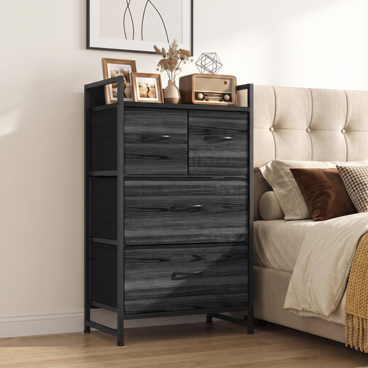 HOMCOM Rustic Chest of Four Fabric Drawers in Black Wood Effect, image 2