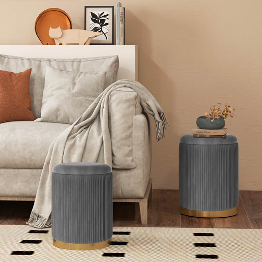 Velvet Storage Ottoman Set of 2 with Gold Stainless Steel Hoop-Grey