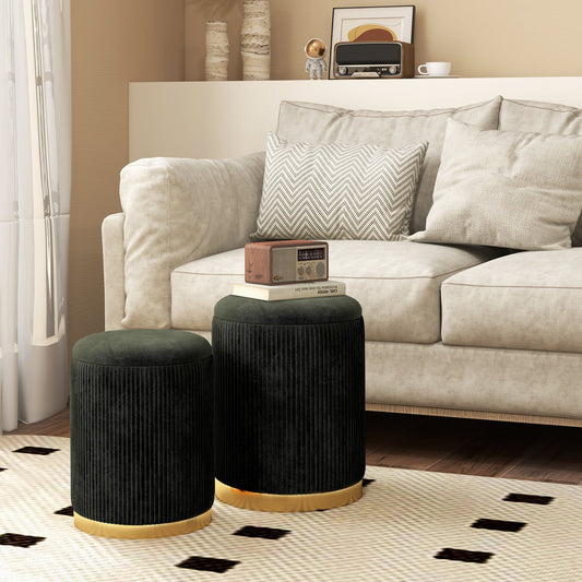 Velvet Storage Ottoman Set of 2 with Gold Stainless Steel Hoop-Black