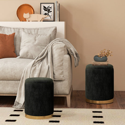 Velvet Storage Ottoman Set of 2 with Gold Stainless Steel Hoop-Black