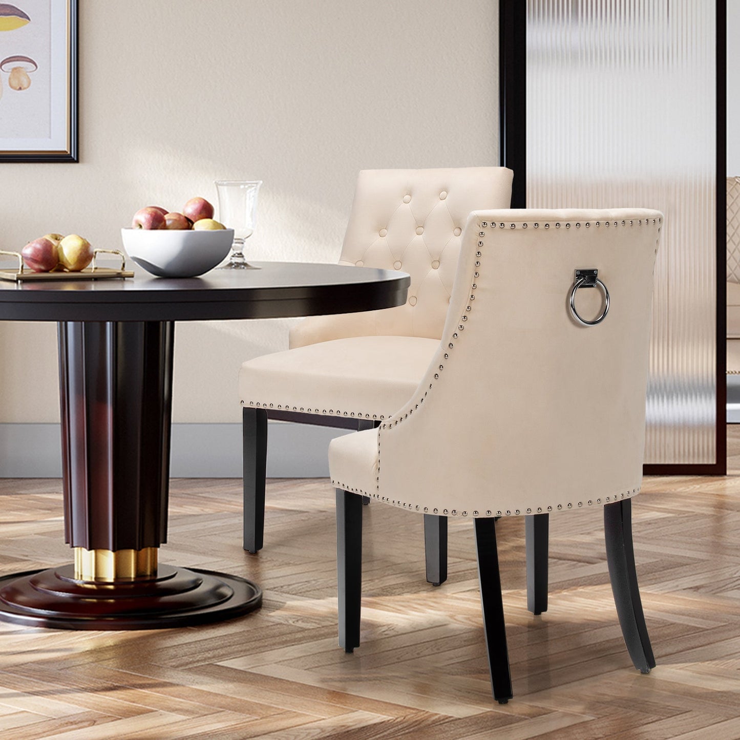 Modern Button-Tufted Velvet Studded Dining Chair with Nail head Trim-Beige
