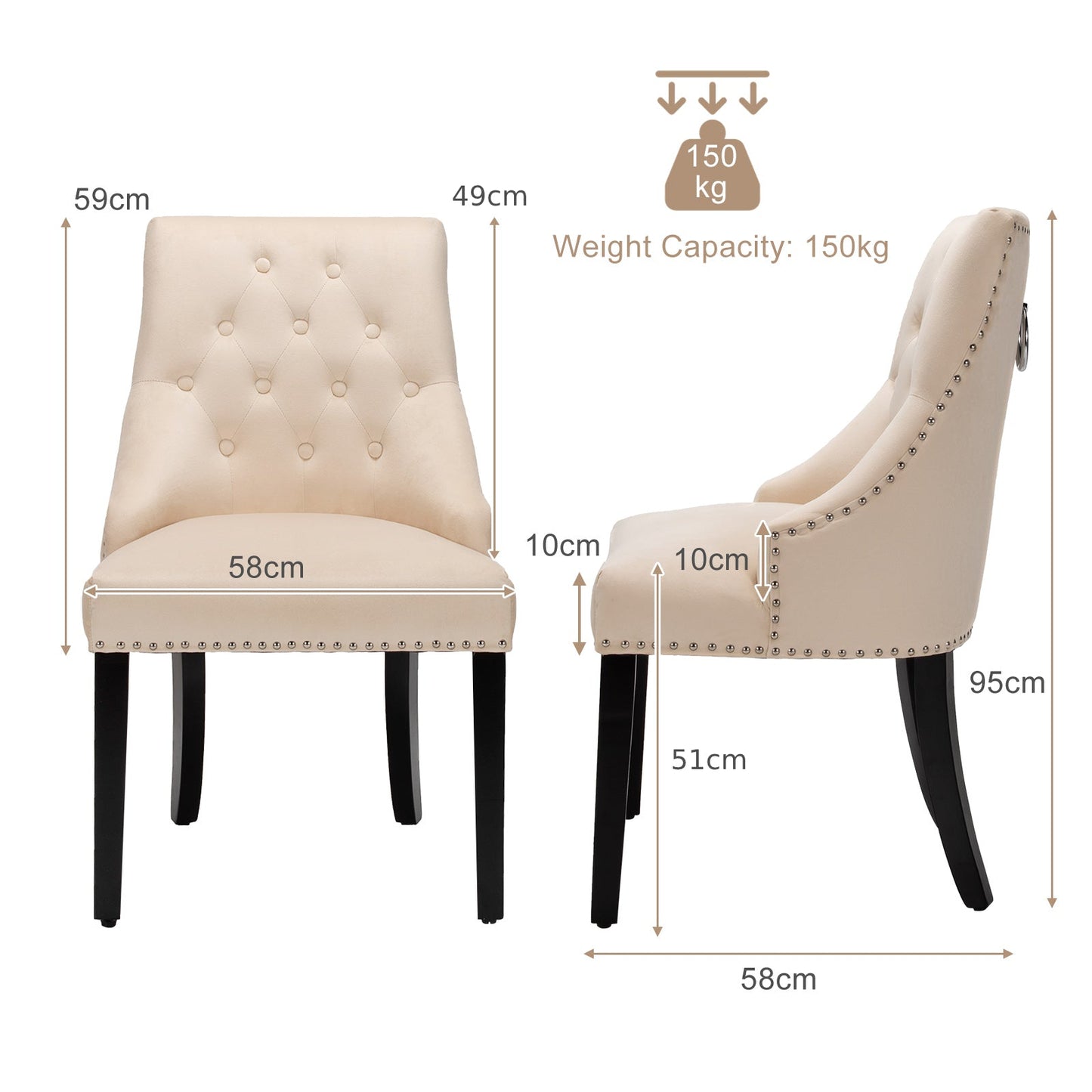 Modern Button-Tufted Velvet Studded Dining Chair with Nail head Trim-Beige