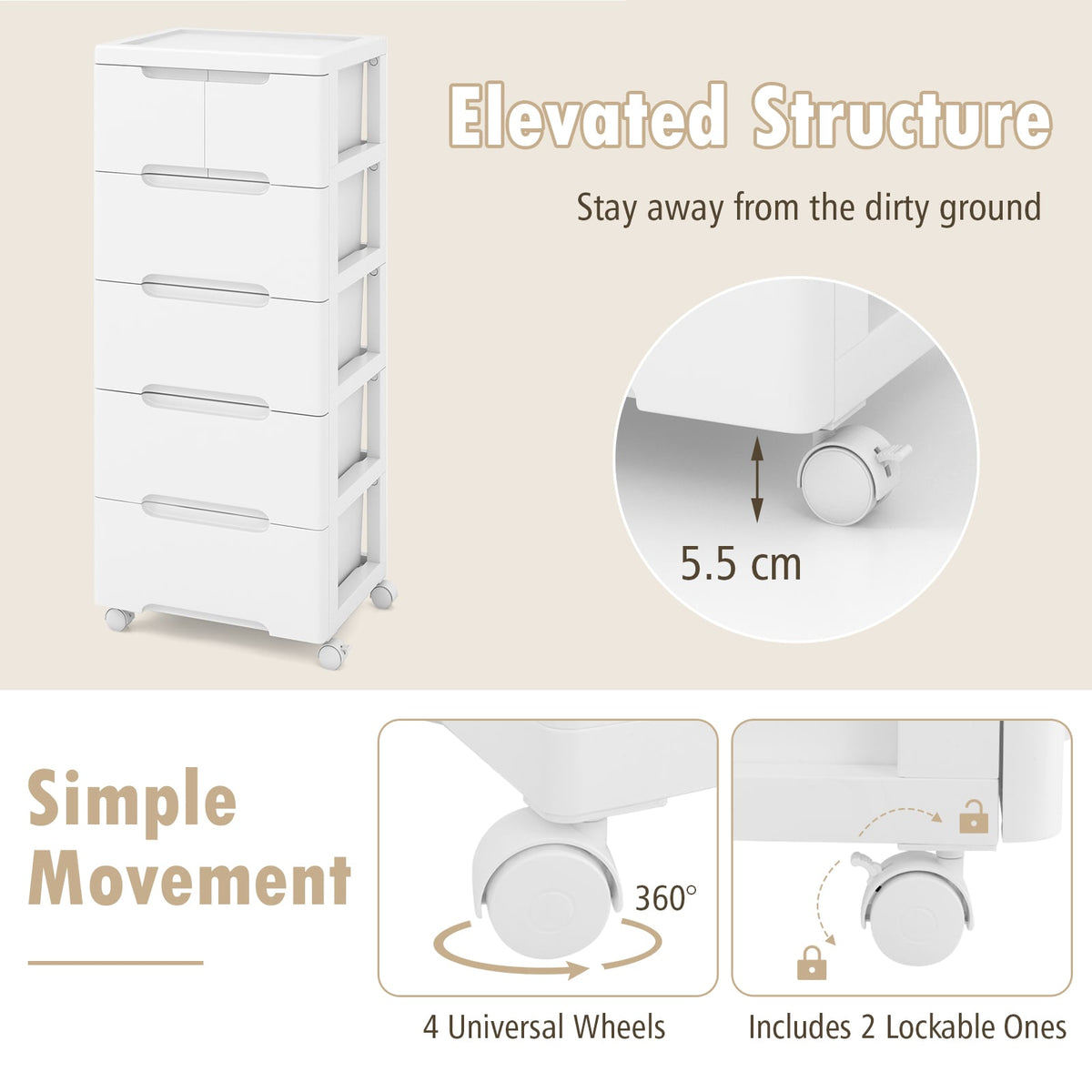 Vertical Rolling Storage Cabinet with Universal Wheels and Lockable Wheels-5 Drawers